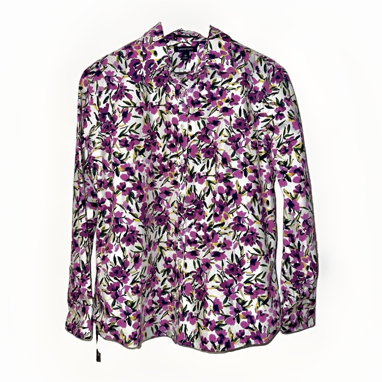 Lands’ End Women’s 10 XL White Purple Floral Collared Long Sleeve Button-Down