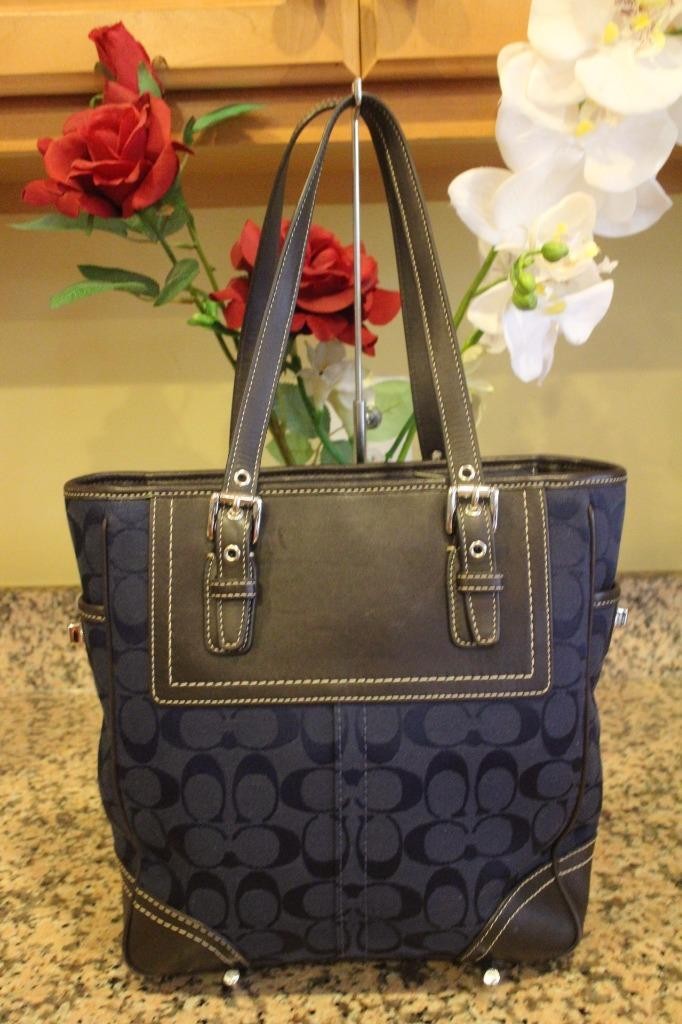 Coach monogrammed navy canvas and leather shoulder bag # F10659 (pu150