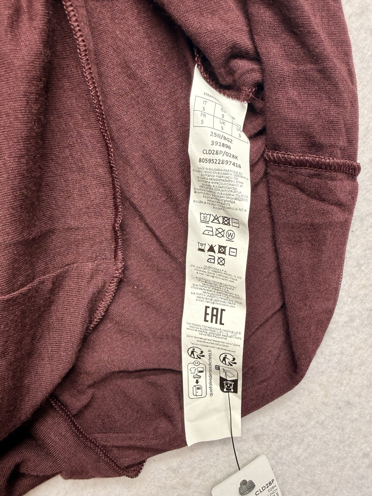 Intimissimi Ultralight Cashmere Lace Long Sleeve Shirt Size S Dark Burgundy NWT