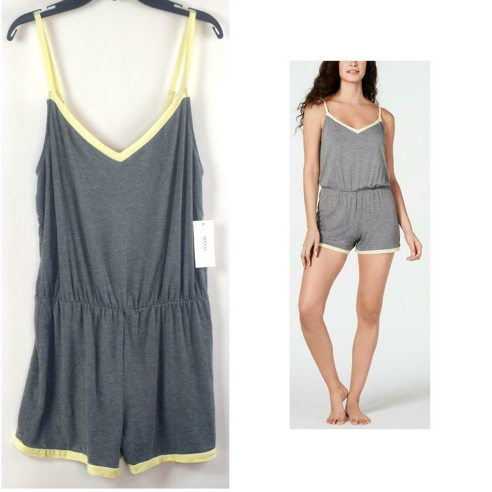 Alfani Womens Contrast-Trim Pajama Romper Oxford Gray Yellow Choose Size New