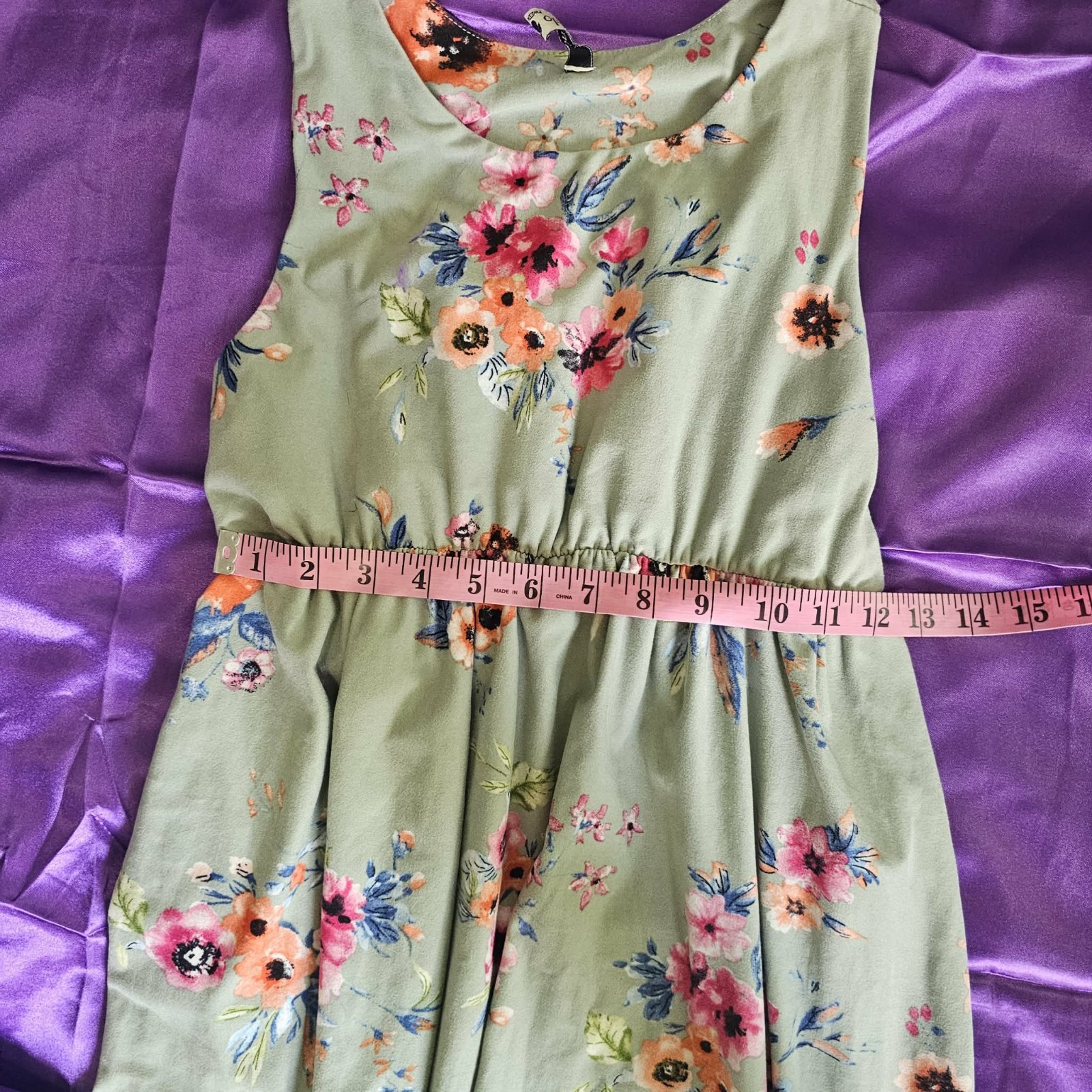 Green Floral Jersey Maxi Dress S Round Neck Sleeveless Elastic Waist Pockets