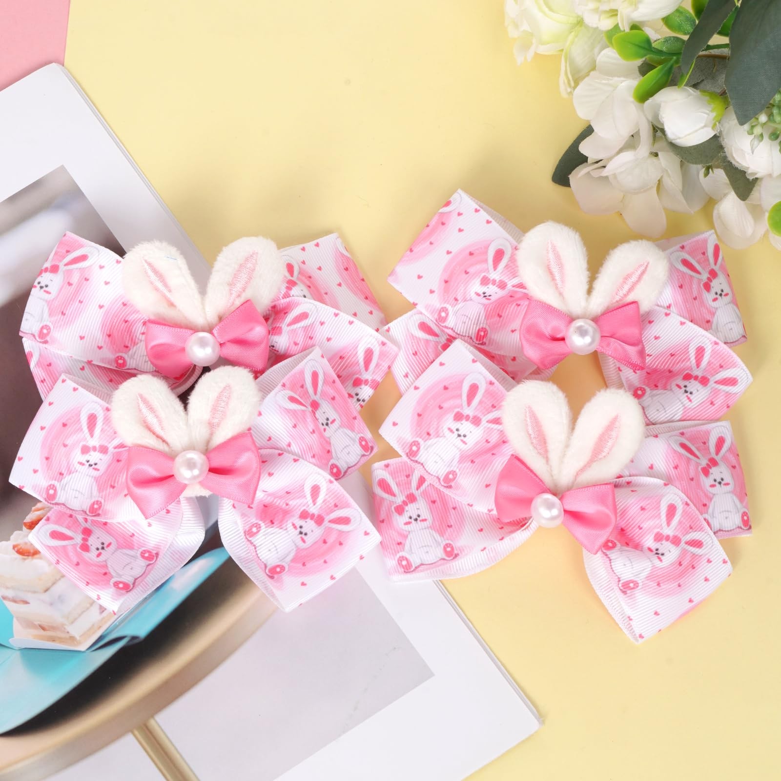 4 PCS Easter Hair Bows 4.7 Inch Pink Clips Bunny Ears Toddlers Kids Spring