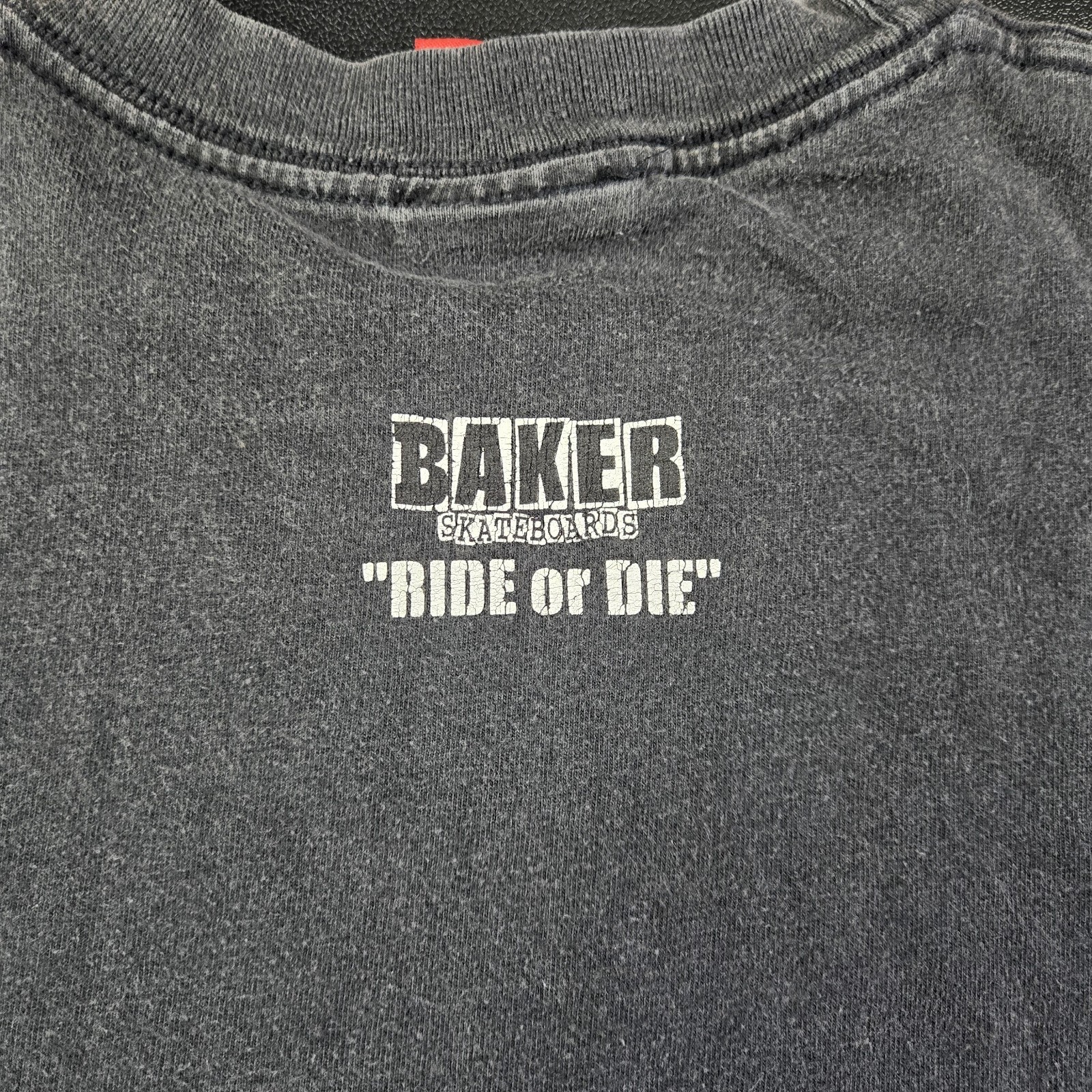 Vintage Baker Skateboards Mini Uzi Gun Ride Or Die Skate Tee, Sz S 17×26″, Fade