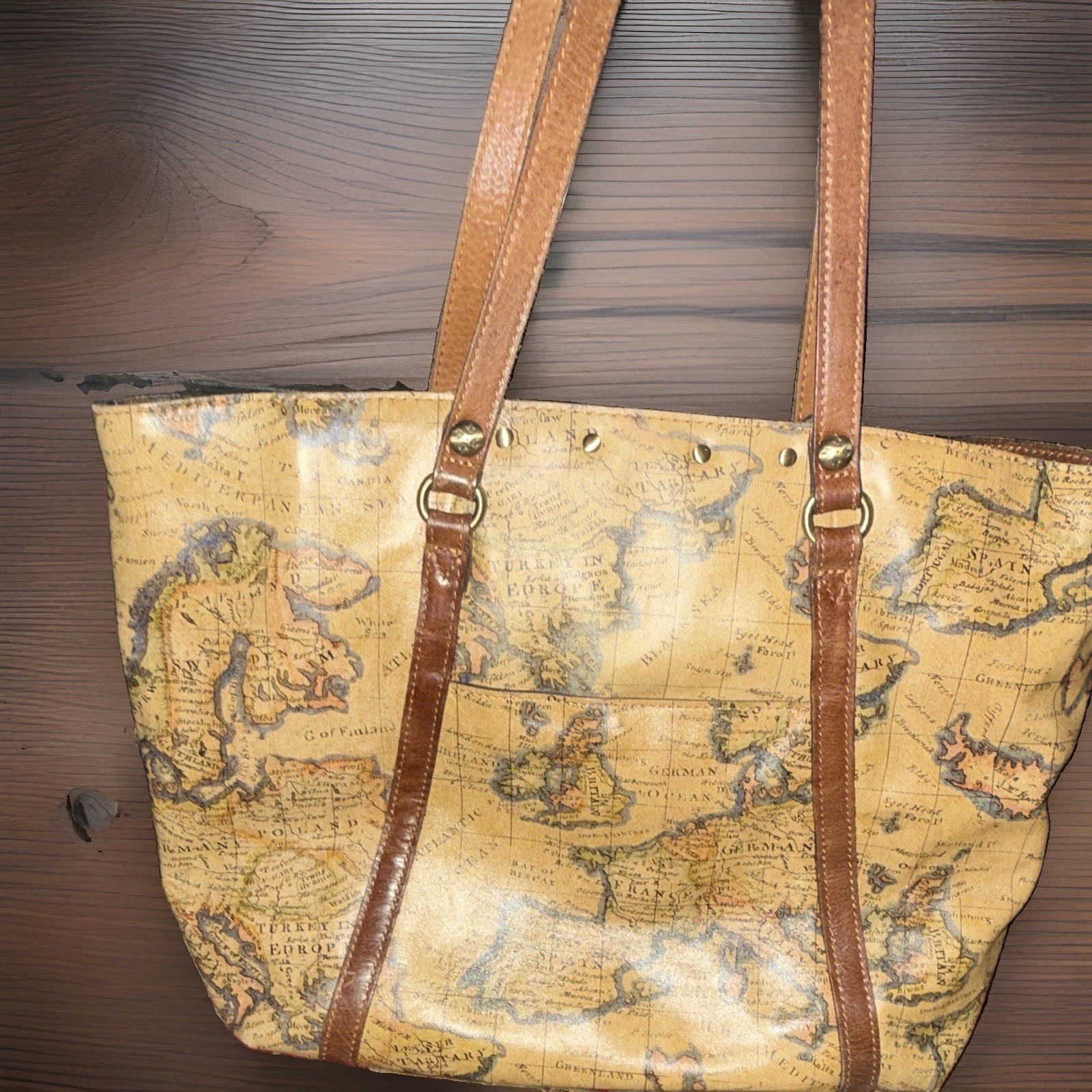 Patricia Nash European Map Print Leather Tote Bag Brown Tan 18” wide, 12.75”tall
