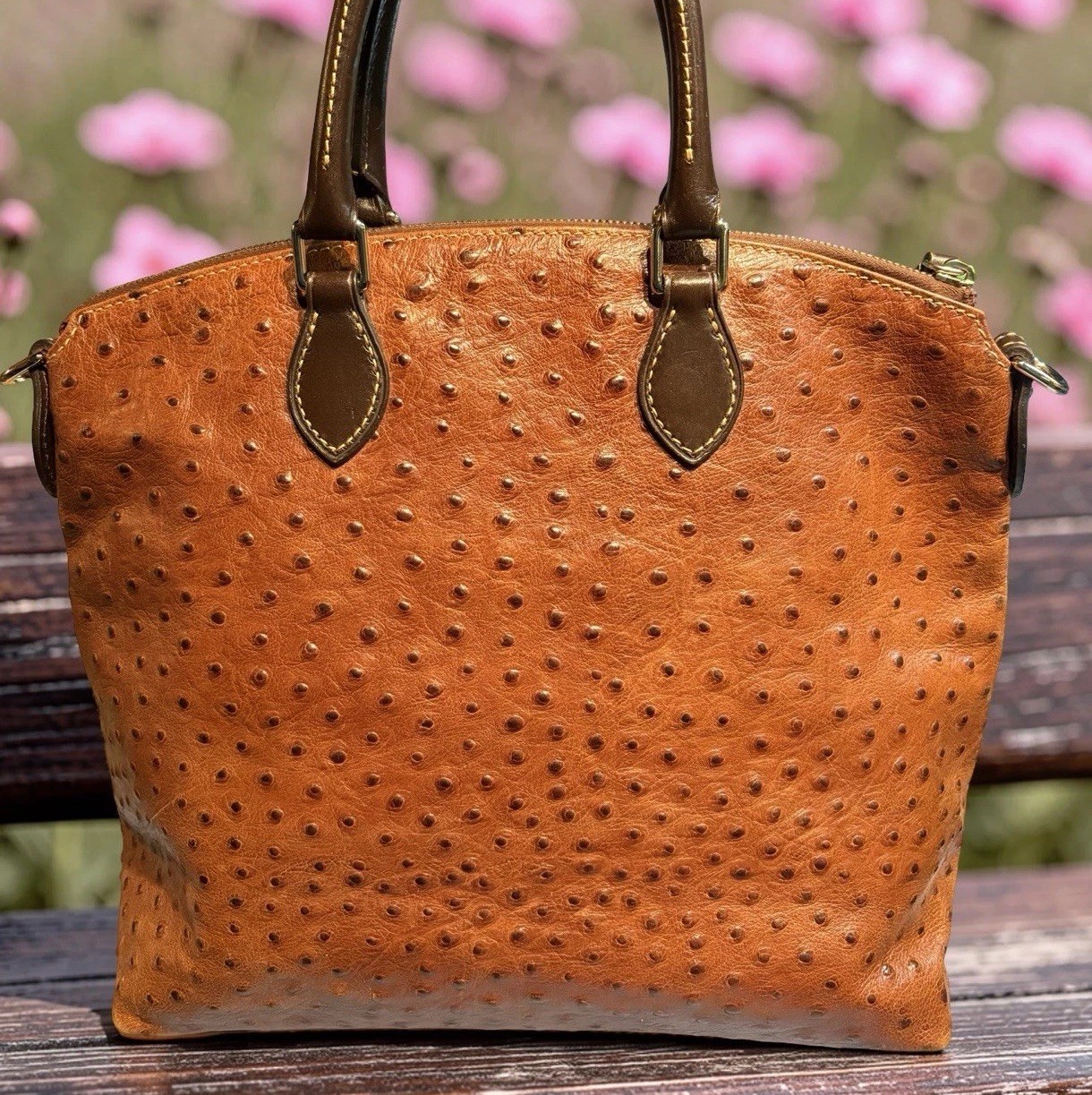 Dooney Bourke Chestnut Brown Ostrich Embossed Leather Front Pocket Satchel Tote