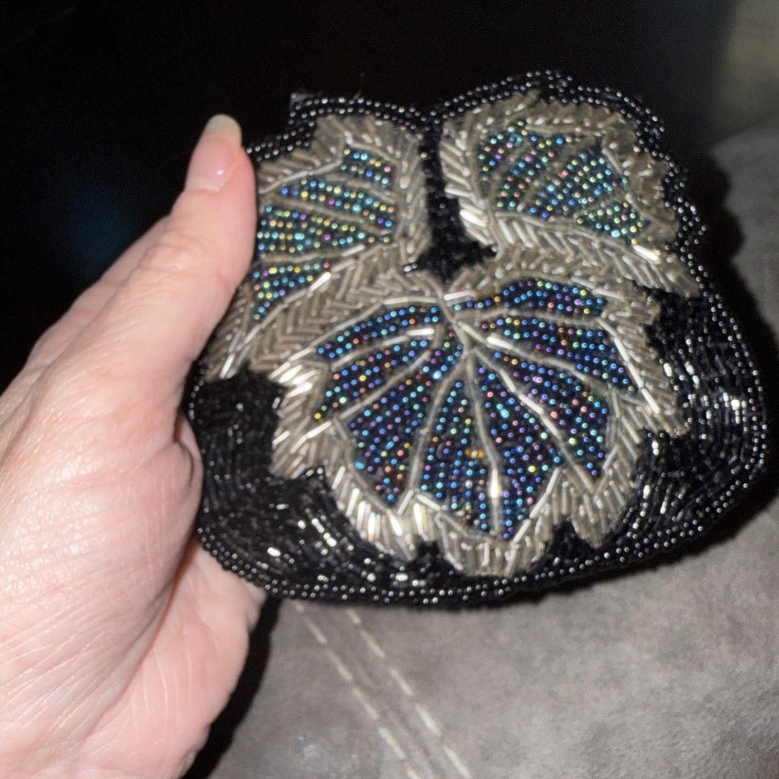 Beautifully Beaded Leaves Coin Purse Vintage 5 Inches 5 Inches Black.