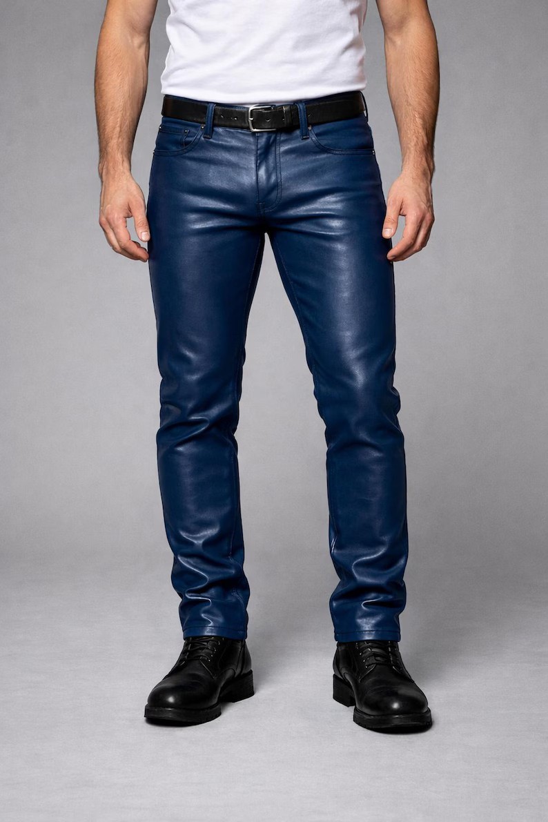 Men’s Dark Blue Genuine Lambskin Leather Biker Pants Slim Fit Motorcycle Trouser