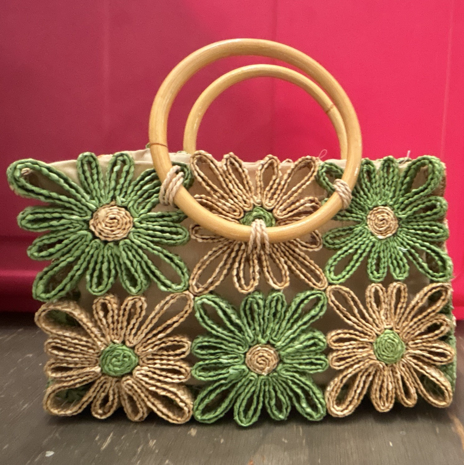 Green Beige Floral Straw Tote Bag Crochet Accents Bamboo Top Handles Lined