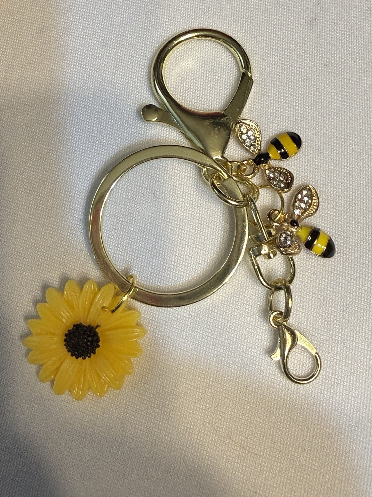 Gold Bee Sunflower Keychain Charm Rhinestone Bumblebee Floral Purse Bag Key Ring