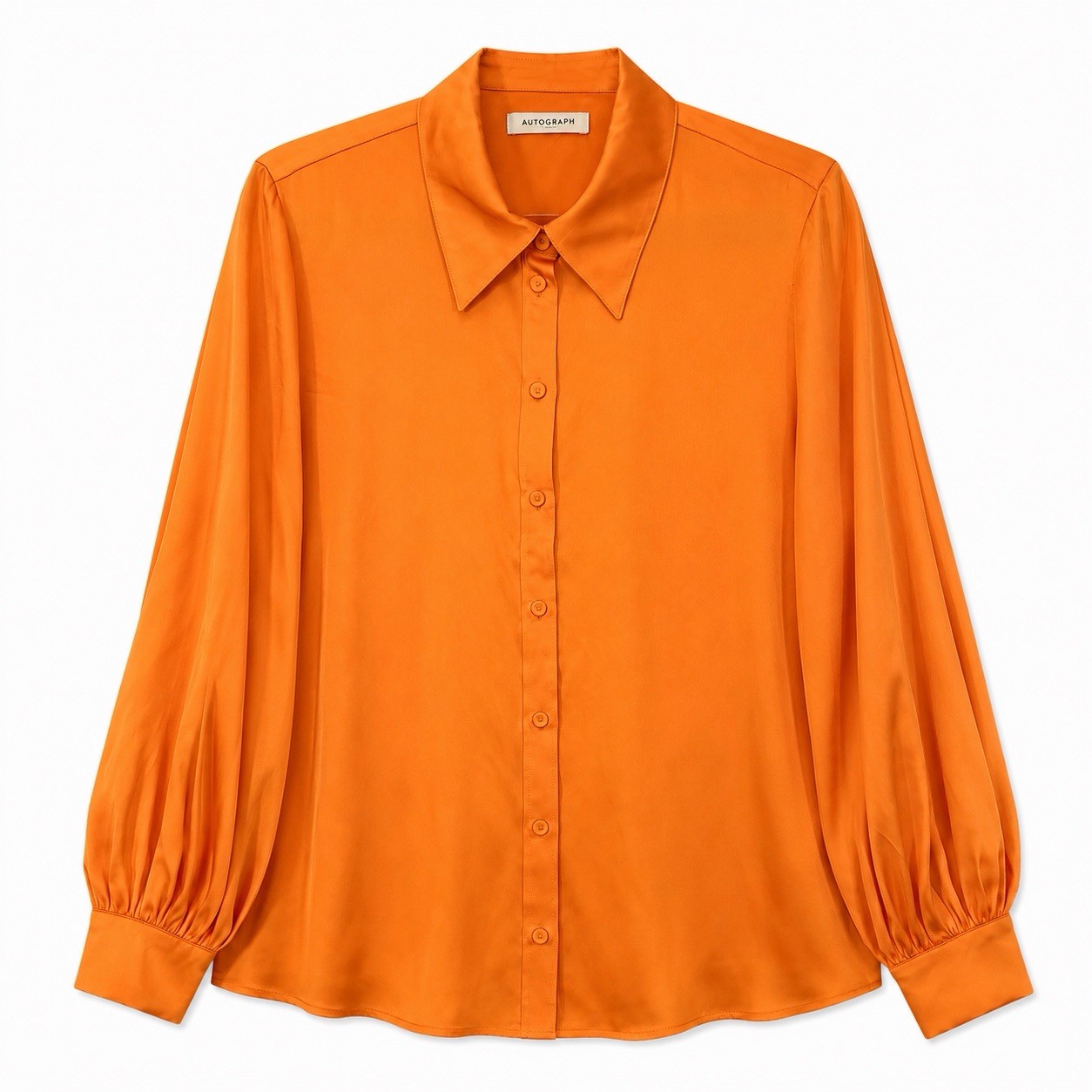 M&S Autograph Orange Satin Blouse UK 16 Long Sleeve Collared Smart Shirt Top