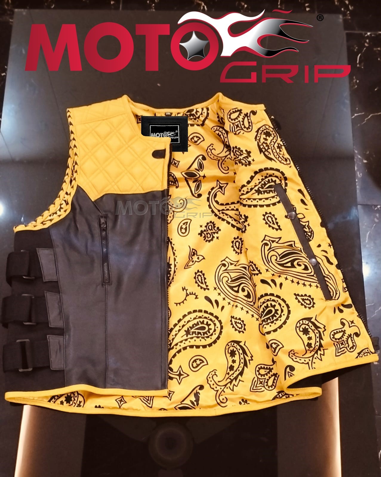 Handmade Leather Biker Vest Yellow Black Quilted Motorcycle Club Style
