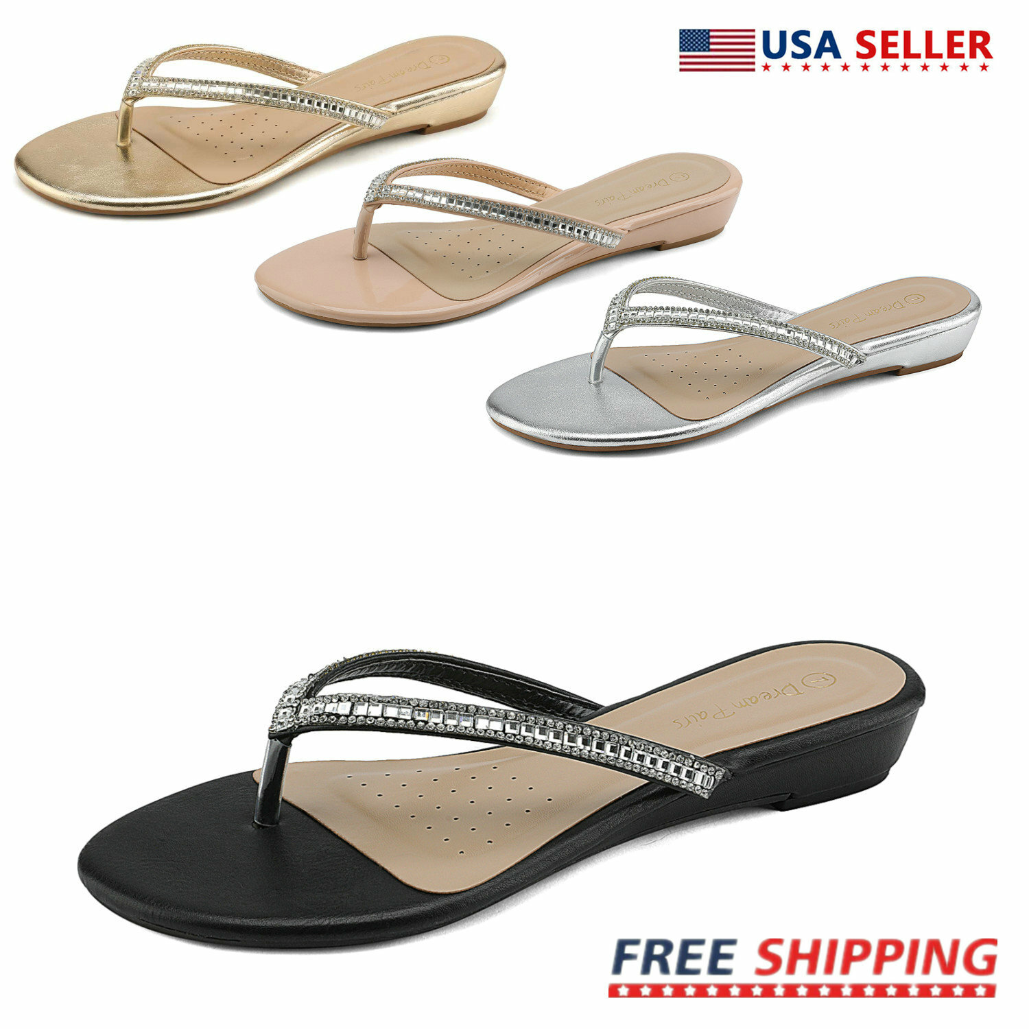 Womens Rhinestone Flip Flops Thong Open Toe Beach Sandals Flat Sandals Size 5-11