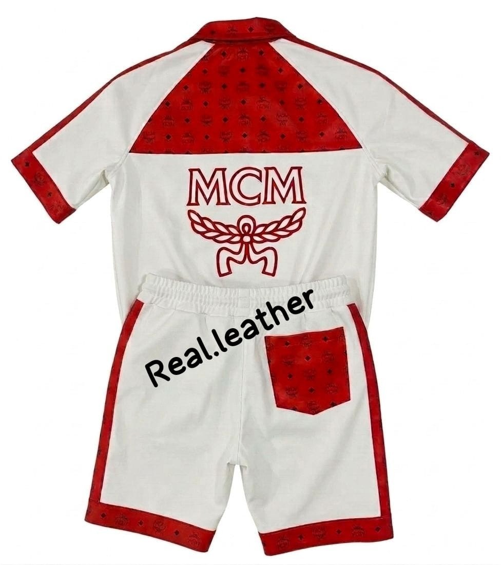 Vintage MCM Tracksuit White Red Leather Jacket & Shorts & Cap Monogram Logo