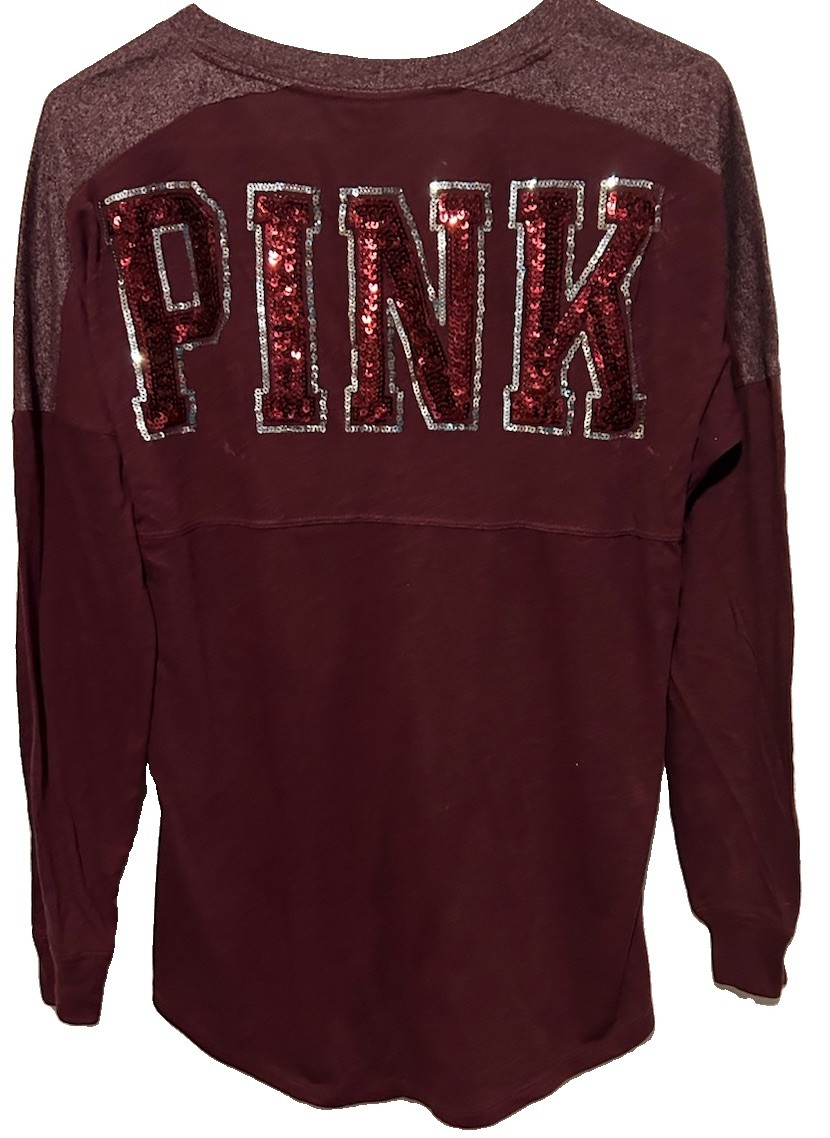 PINK Victoria’s Secret Top XS Burgundy BLING Sequins Y2K Retro V-Neck T-Shirt