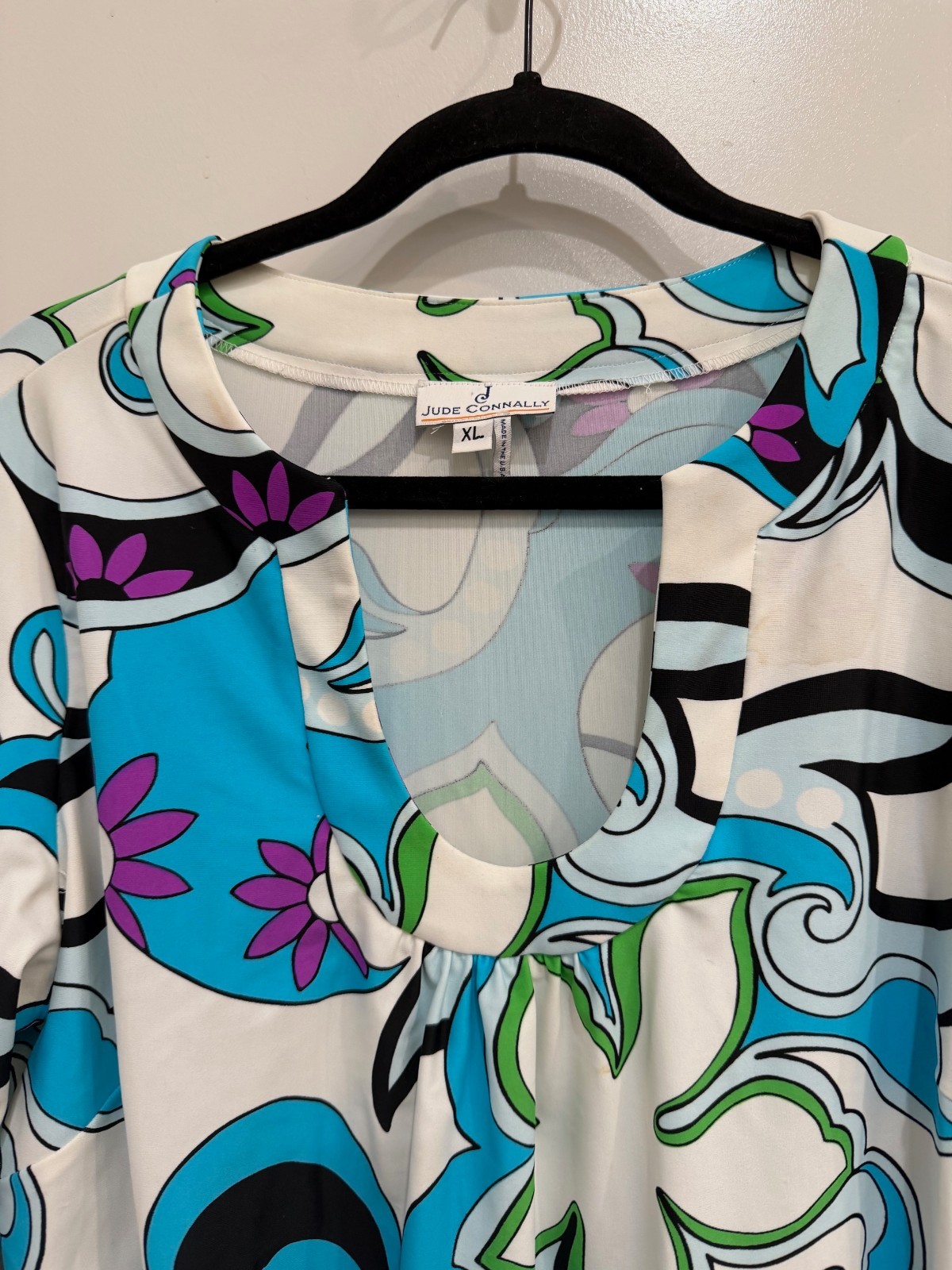 Jude Connally Turquoise and White Jersey Shift Dress Size XL 3/4 Ruffle Sleeve