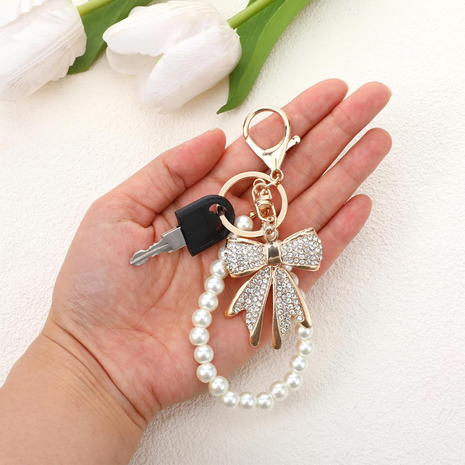 2 Pcs White Rhinestone Bowknot Keychain Imitation Pearl Chains Sparkly Bow Purse
