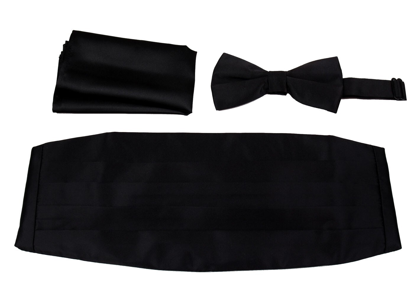 Men’s Solid Black 3 Piece Cummerbund Bow Tie Hanky Set Formals Proms Weddings