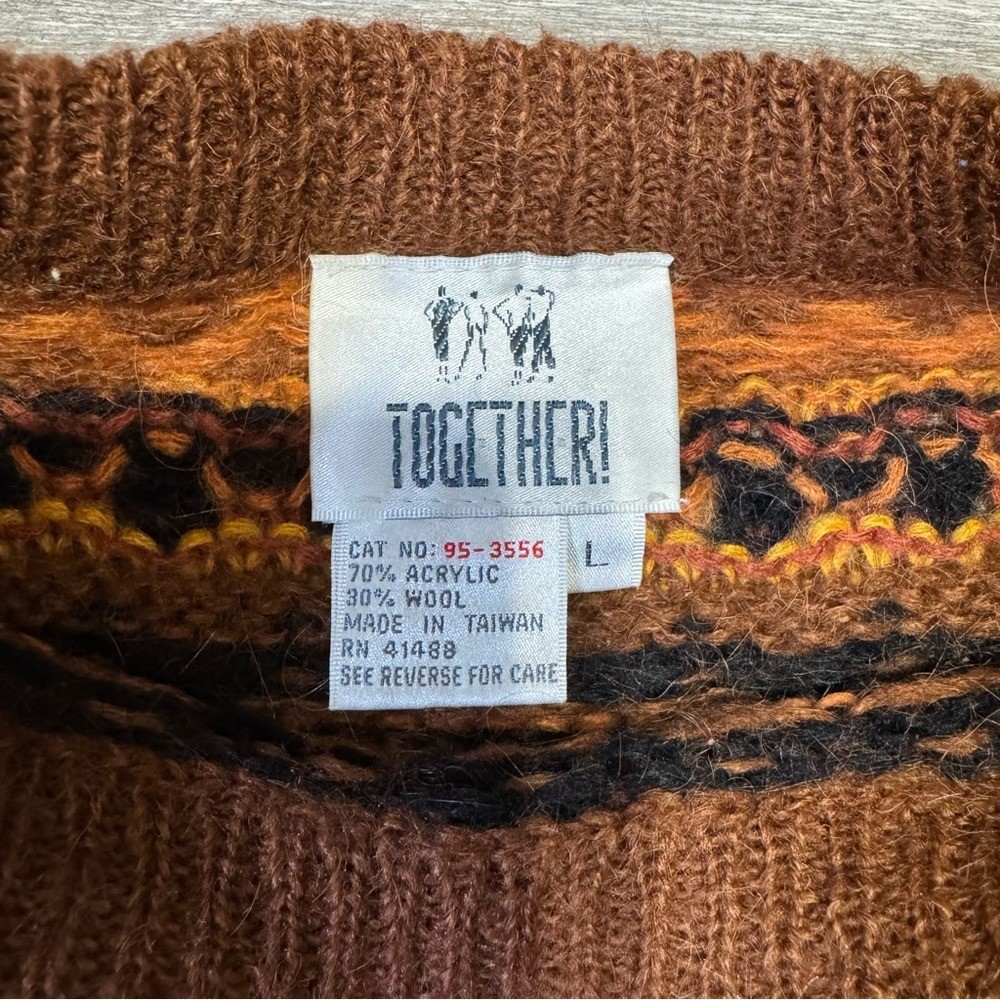 Together! Vintage 90s Wool Blend Geometric Tribal Knit Sweater Mens Large Brown