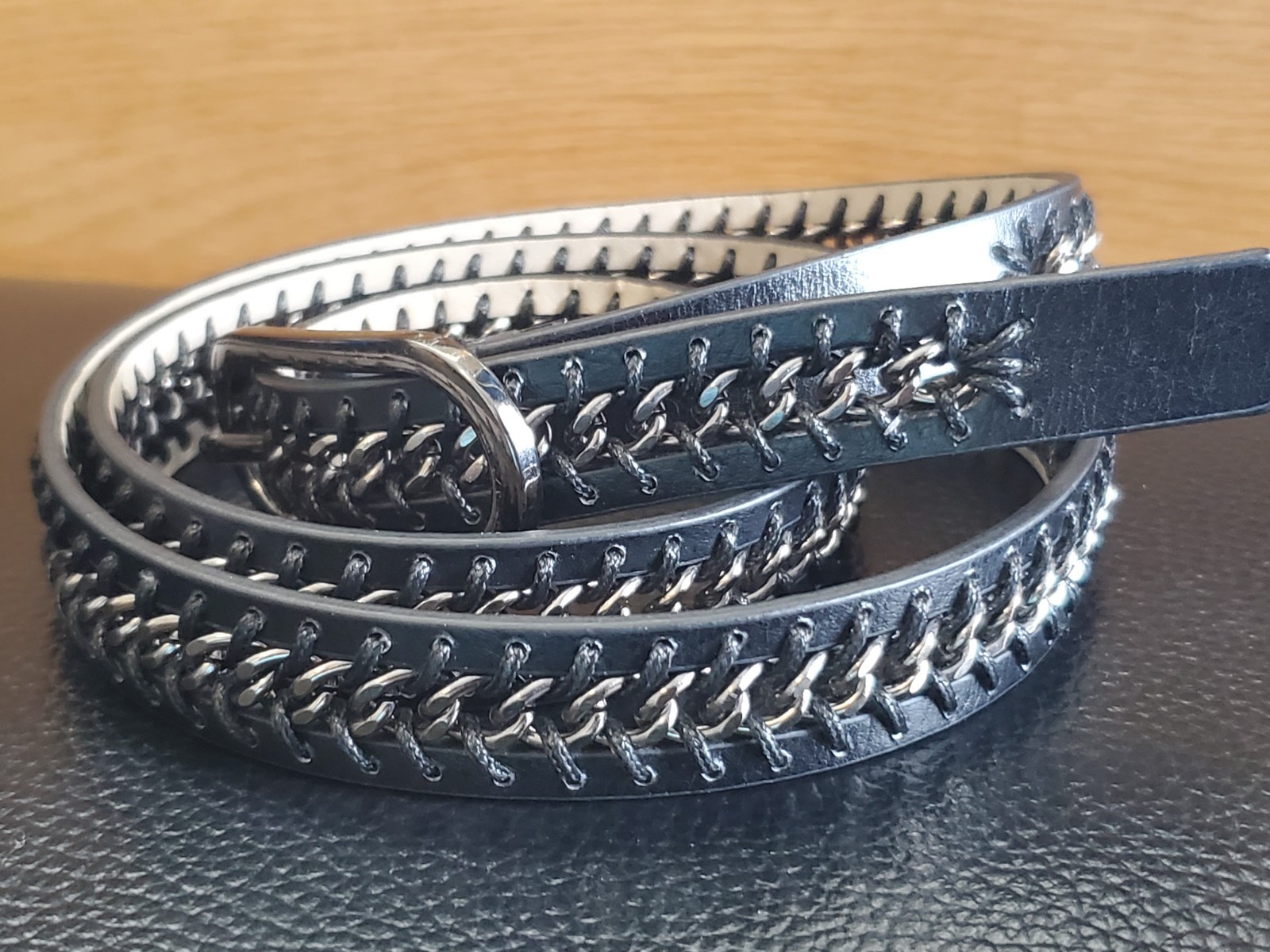 Nine West Women’s Chain Inset Panel Belt Black No-Hole Style Size XL 46″