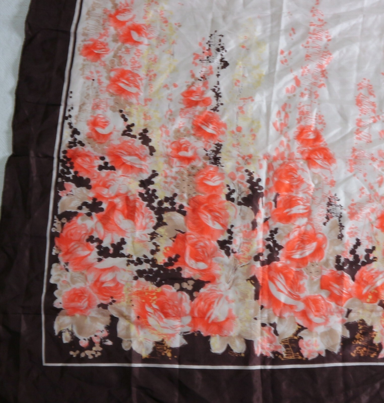 UNBRANDED Brown Border Floral Print Silk Scarf 32 X 32 EXC