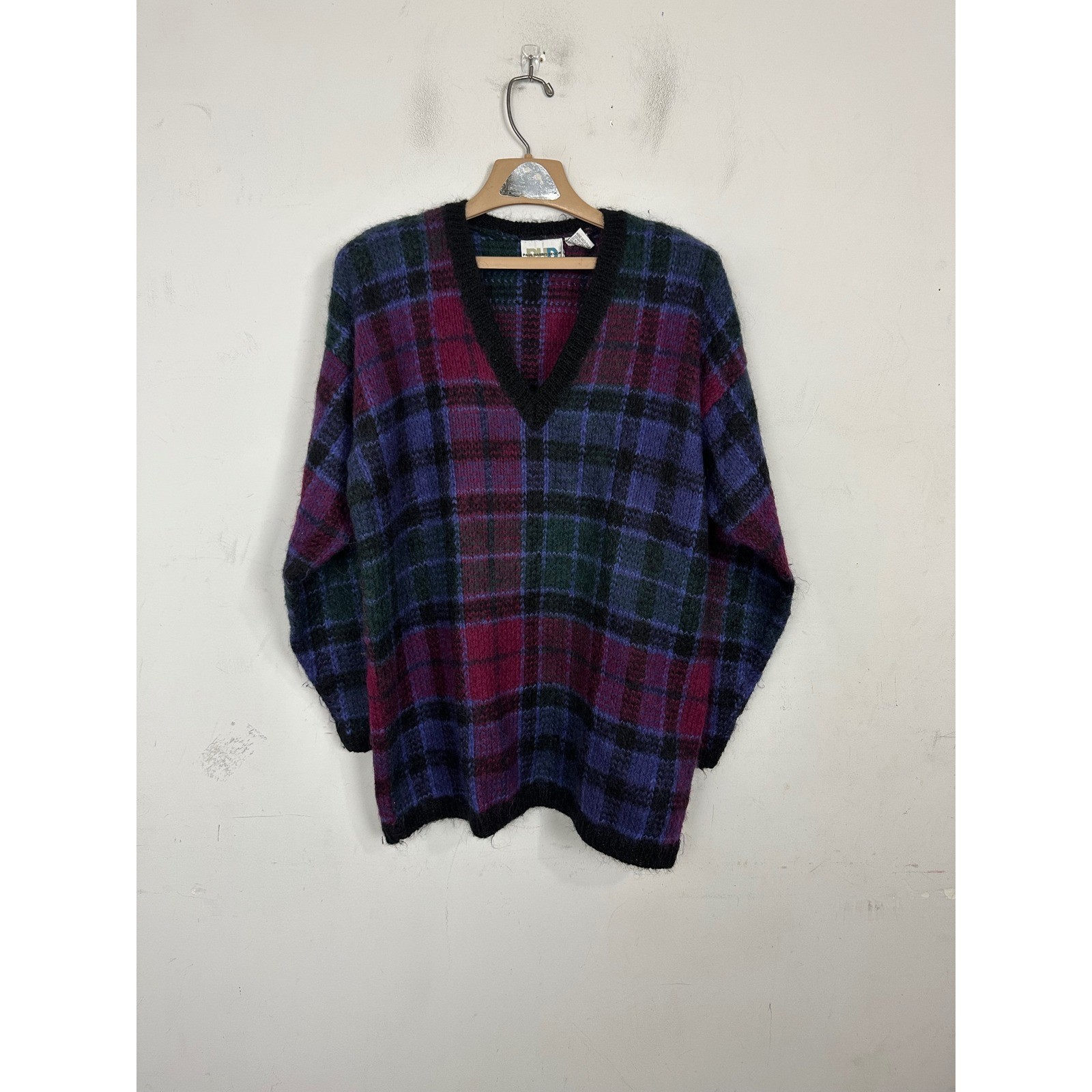 Paul Harris Design Mohair Blend Plaid V-Neck Sweater Purple Magenta Vintage M