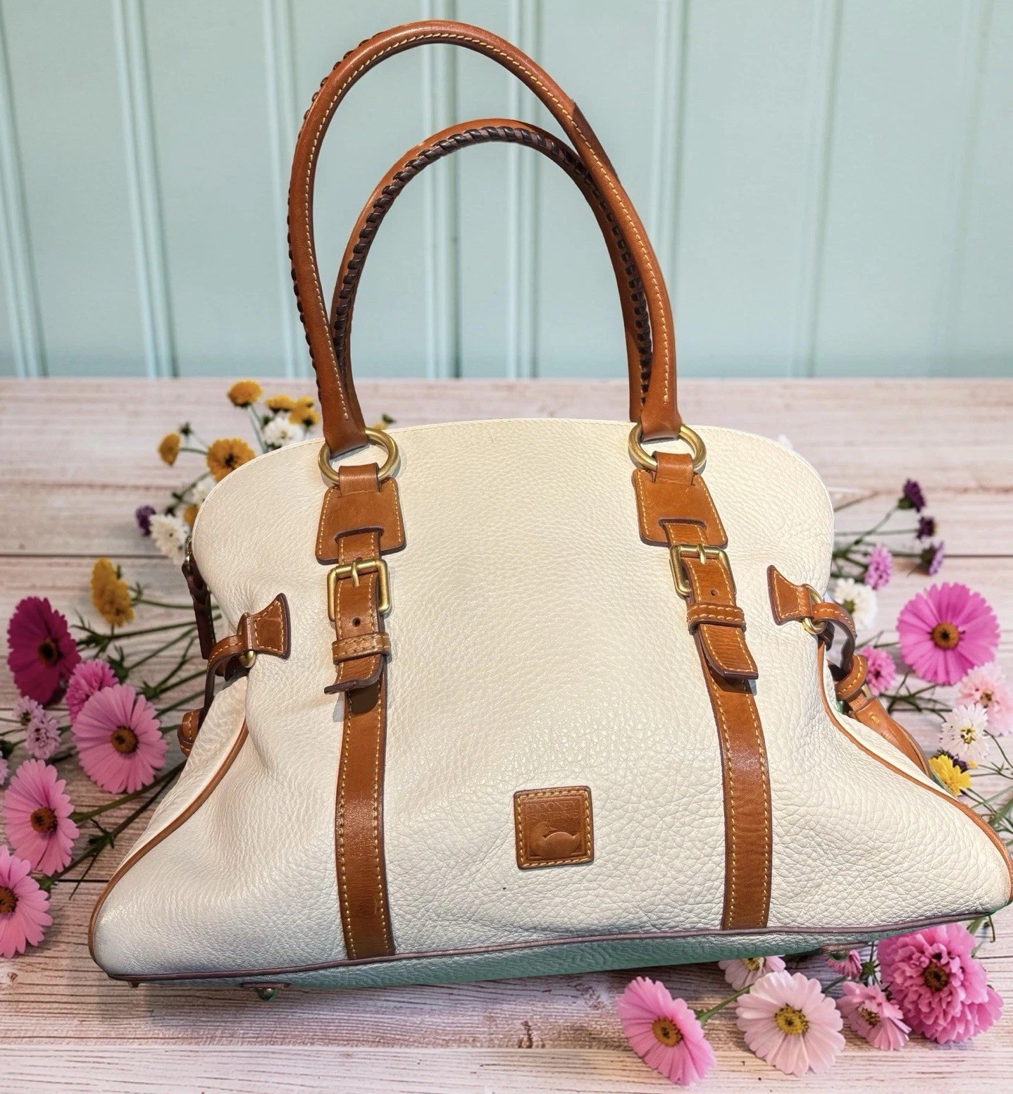 Dooney Bourke White Brown Large Domed Satchel Shoulder Bag Florentine Leather