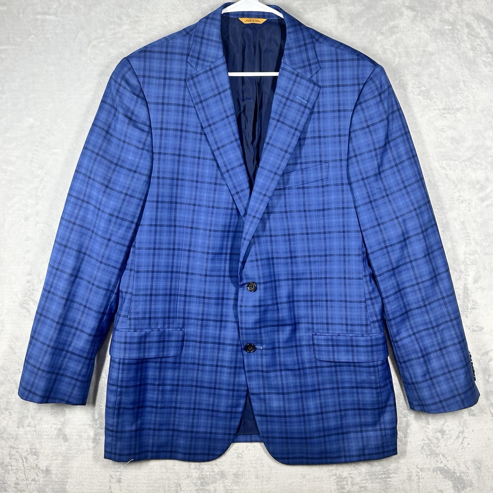 Hickey Freeman USA Men’s Royal Blue Plaid 100% Wool Blazer 44L Two Button
