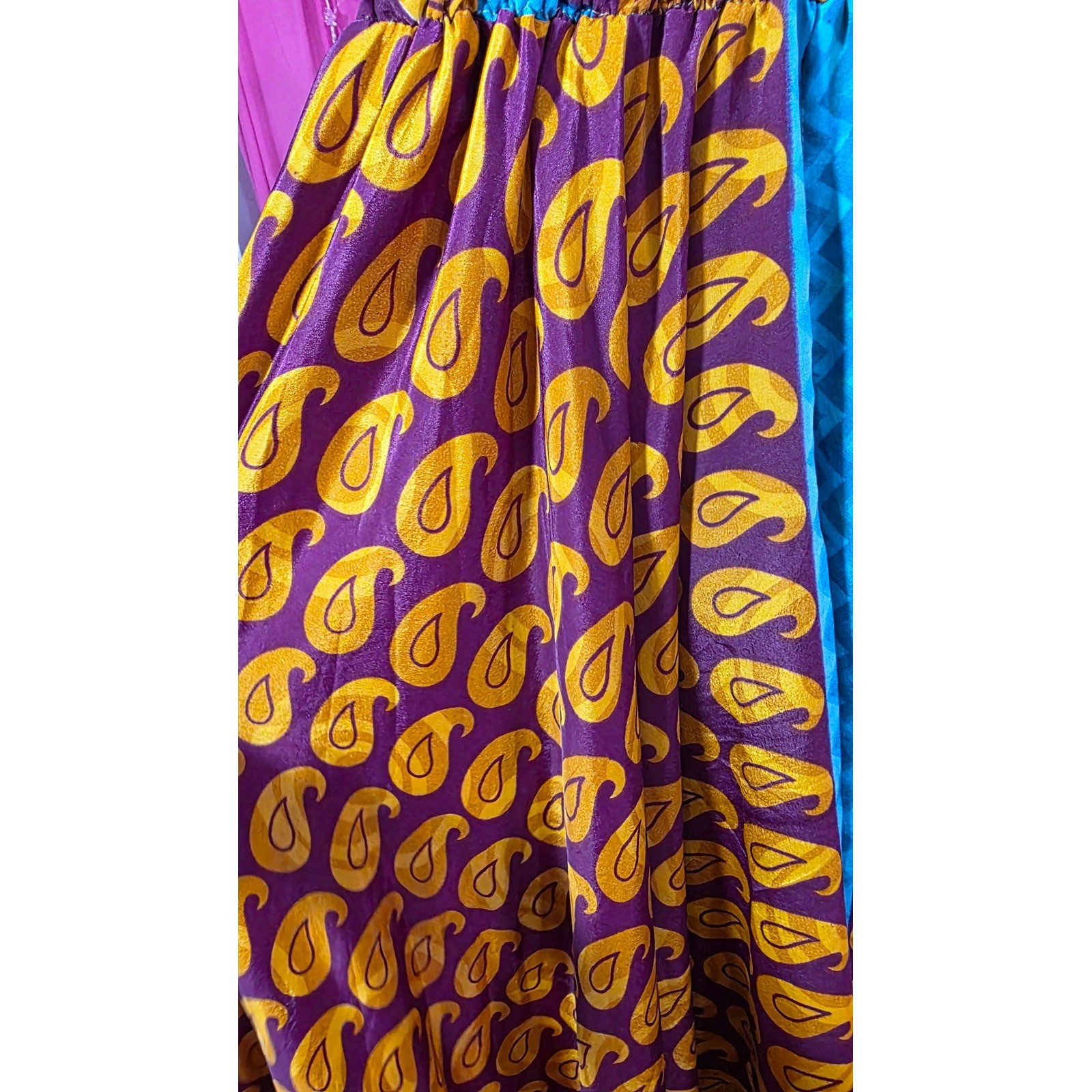 Vintage 100% Silk Wide Leg Paisley Pants Smocked Waist Purple Turquoise OS