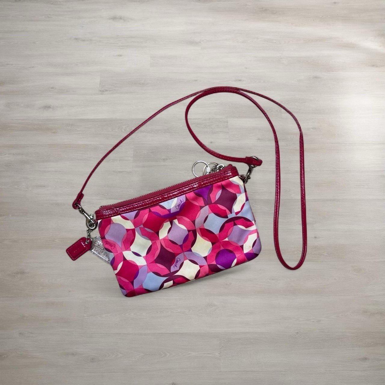 Coach Geometric Pink Purple Wristlet Zip Pouch Crossbody Strap Bag Charm