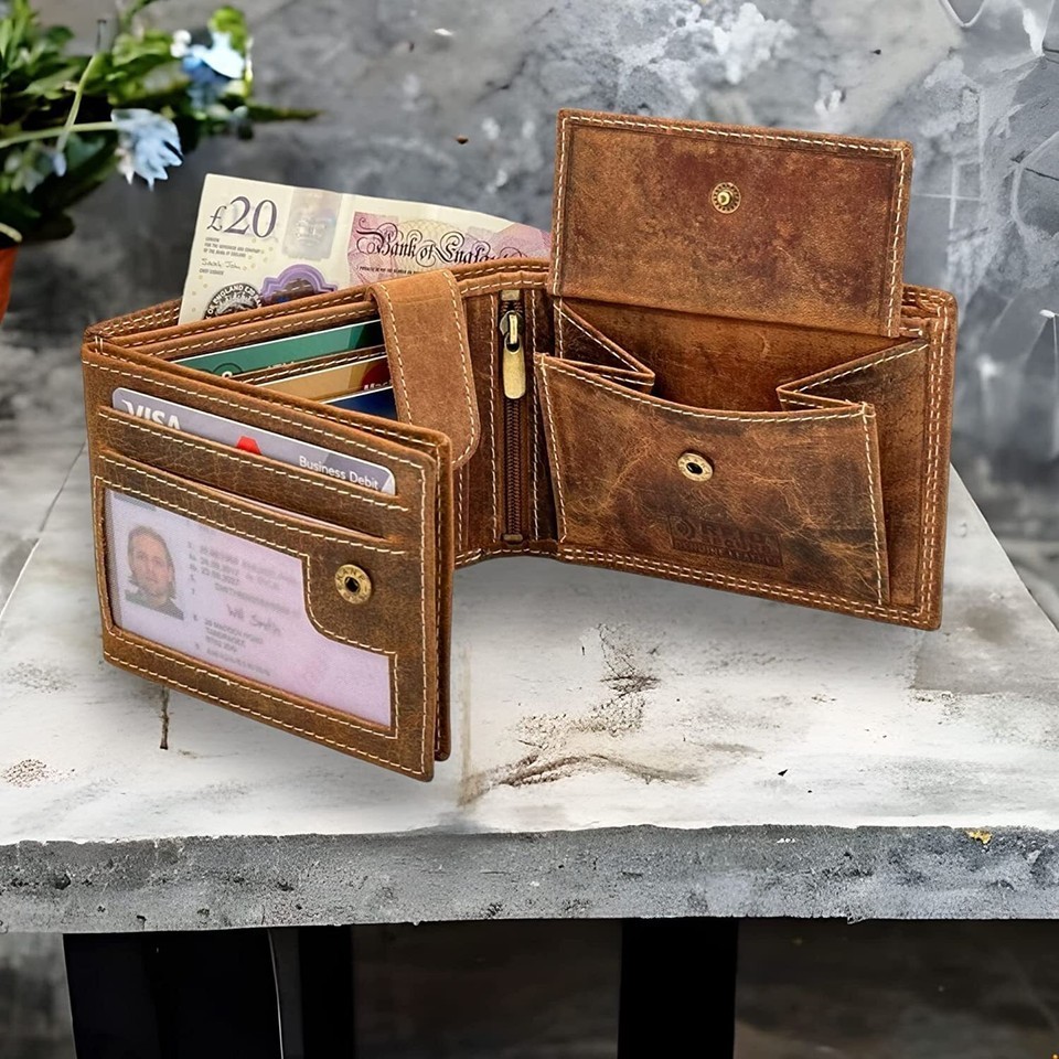 Personalised Custom Engraved RFID Blocking Mens Distressed Hunter leather Wallet