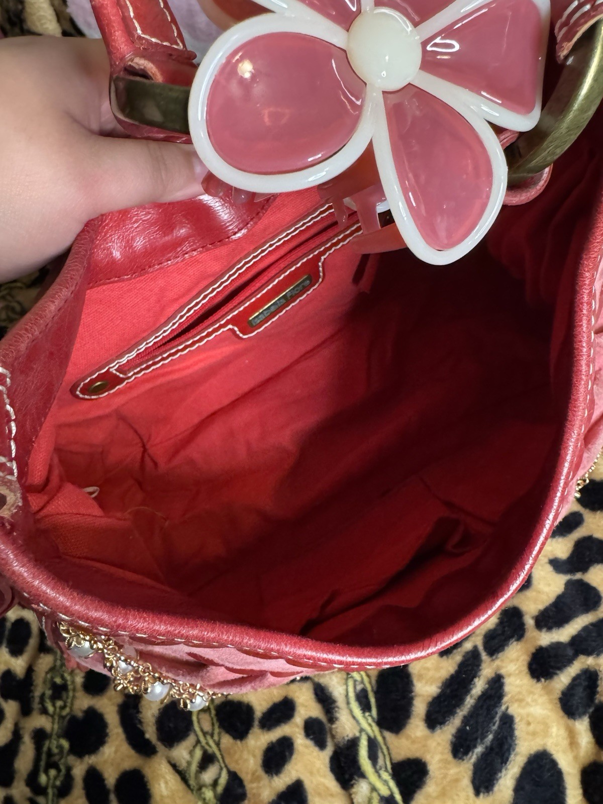 Isabella Fiore Pink/Red Shoulder Bag Top Handle Zip Buckle Beaded Chain Charm