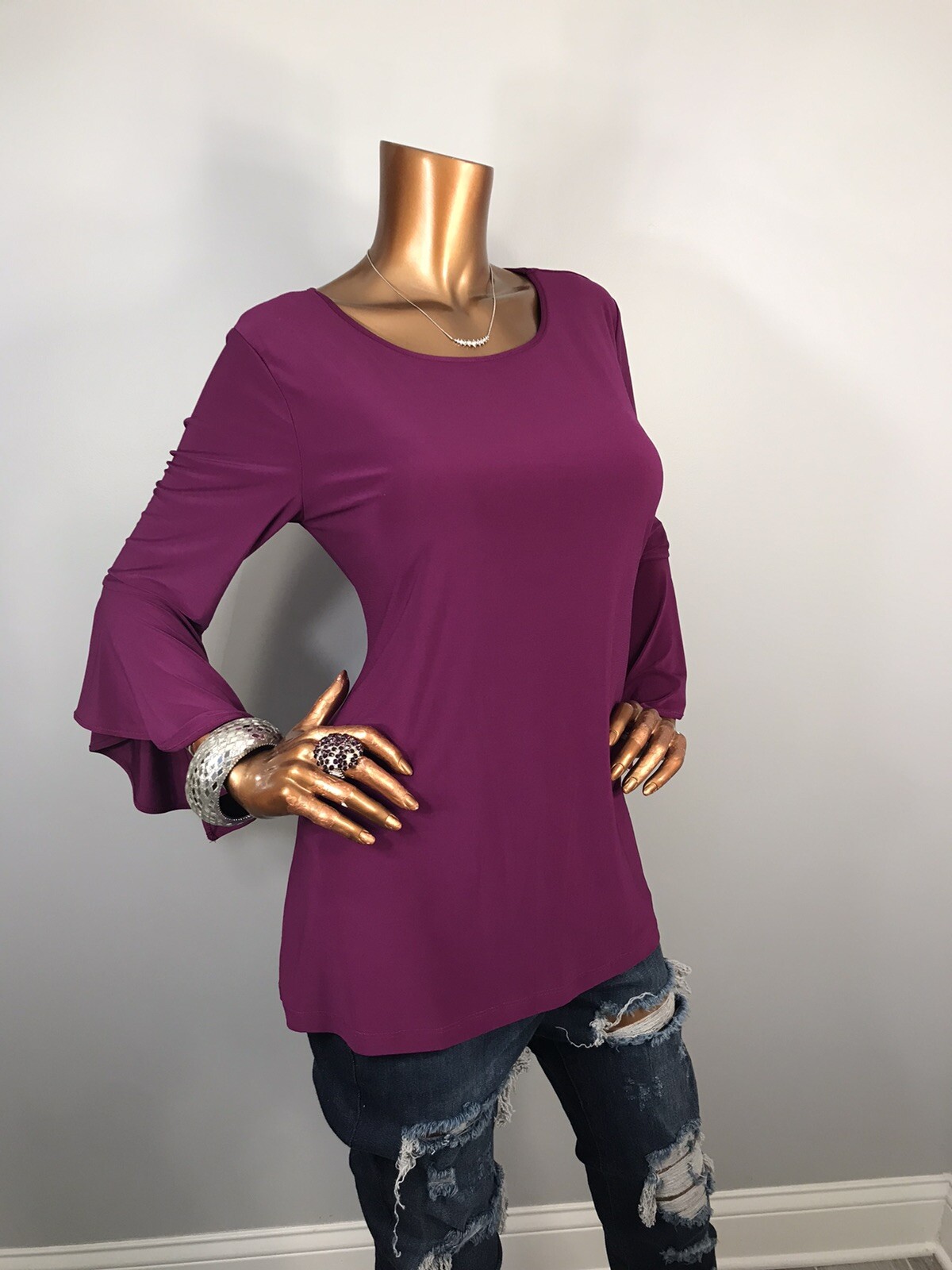 Women in Control M Top Stretch Soft Dark Magenta 3/4 Bell Sleeves Blouse Tunic