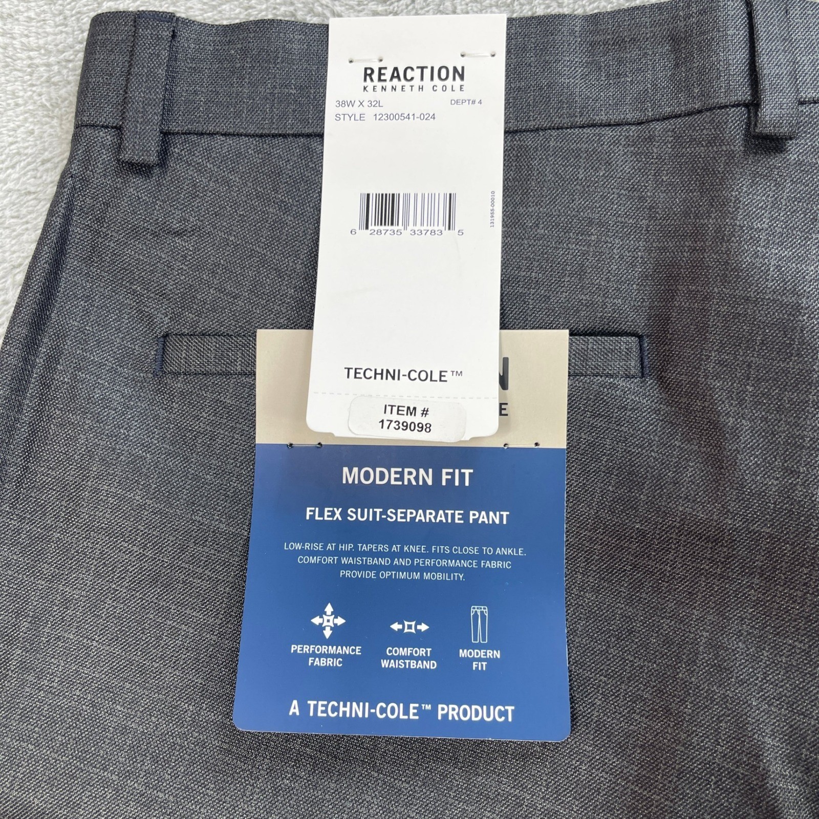 Kenneth Cole Reaction Dress Pants Mens 38×32 Grey Flex Modern Fit Techni-Cole