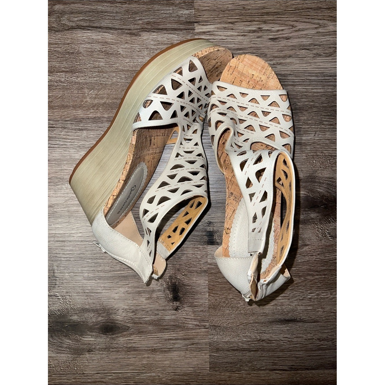 BareTraps White Laser-Cut Wedge Sandals