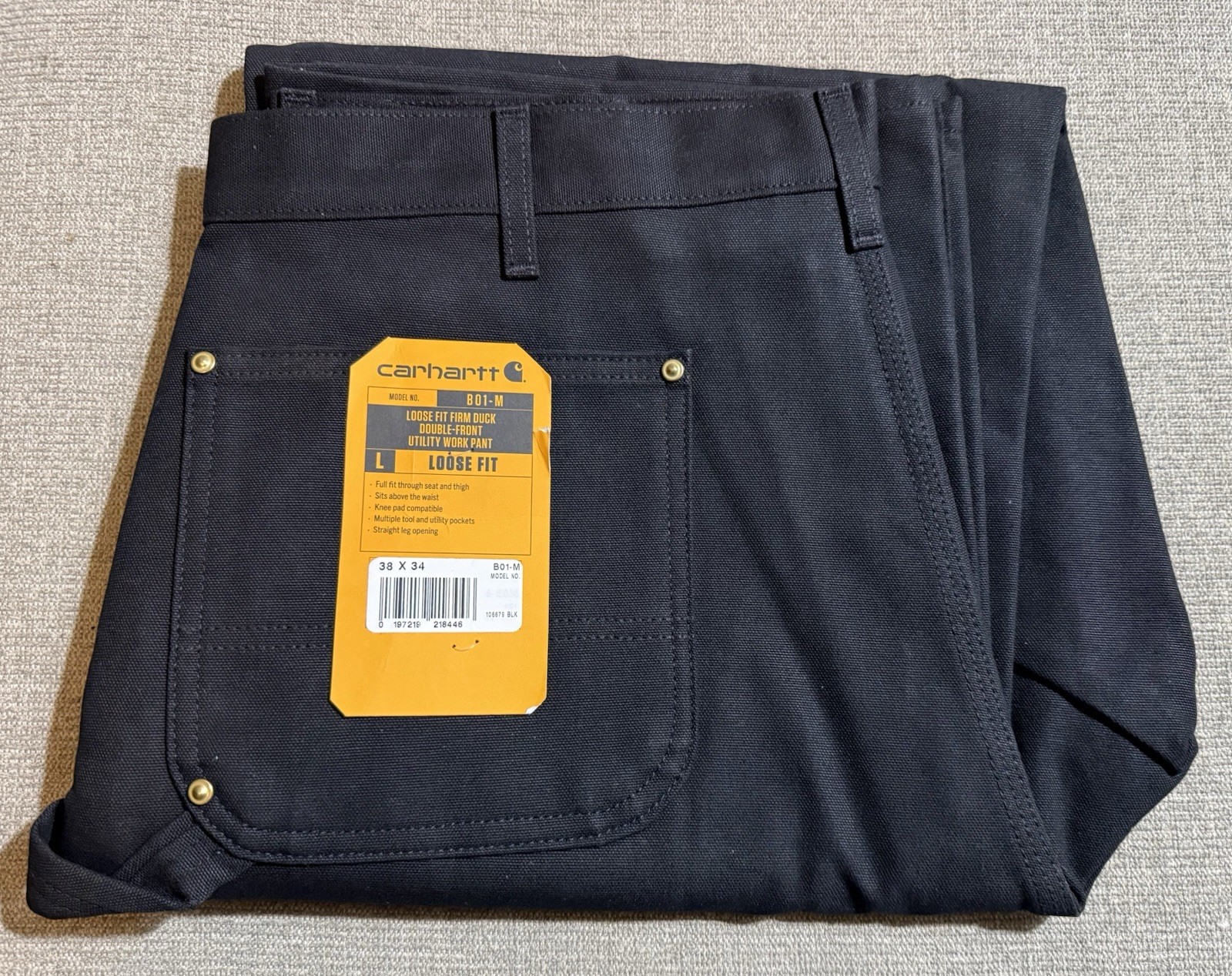 Carhartt B01 BLK Men’s Loose Fit Firm Duck Double Front Utility Work Pants 38X34