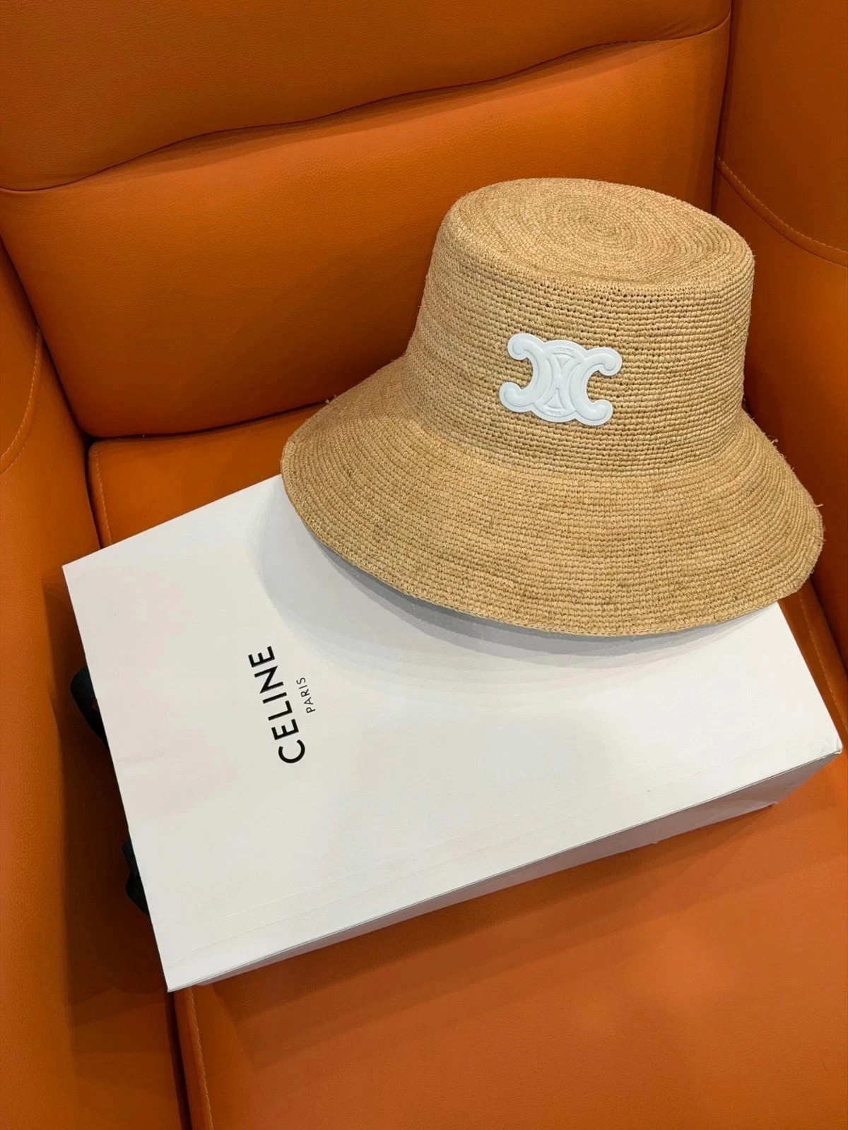 Celine Bucket Raffia Bucket Hat White Triomphe Logo Women Summer Sun Hat