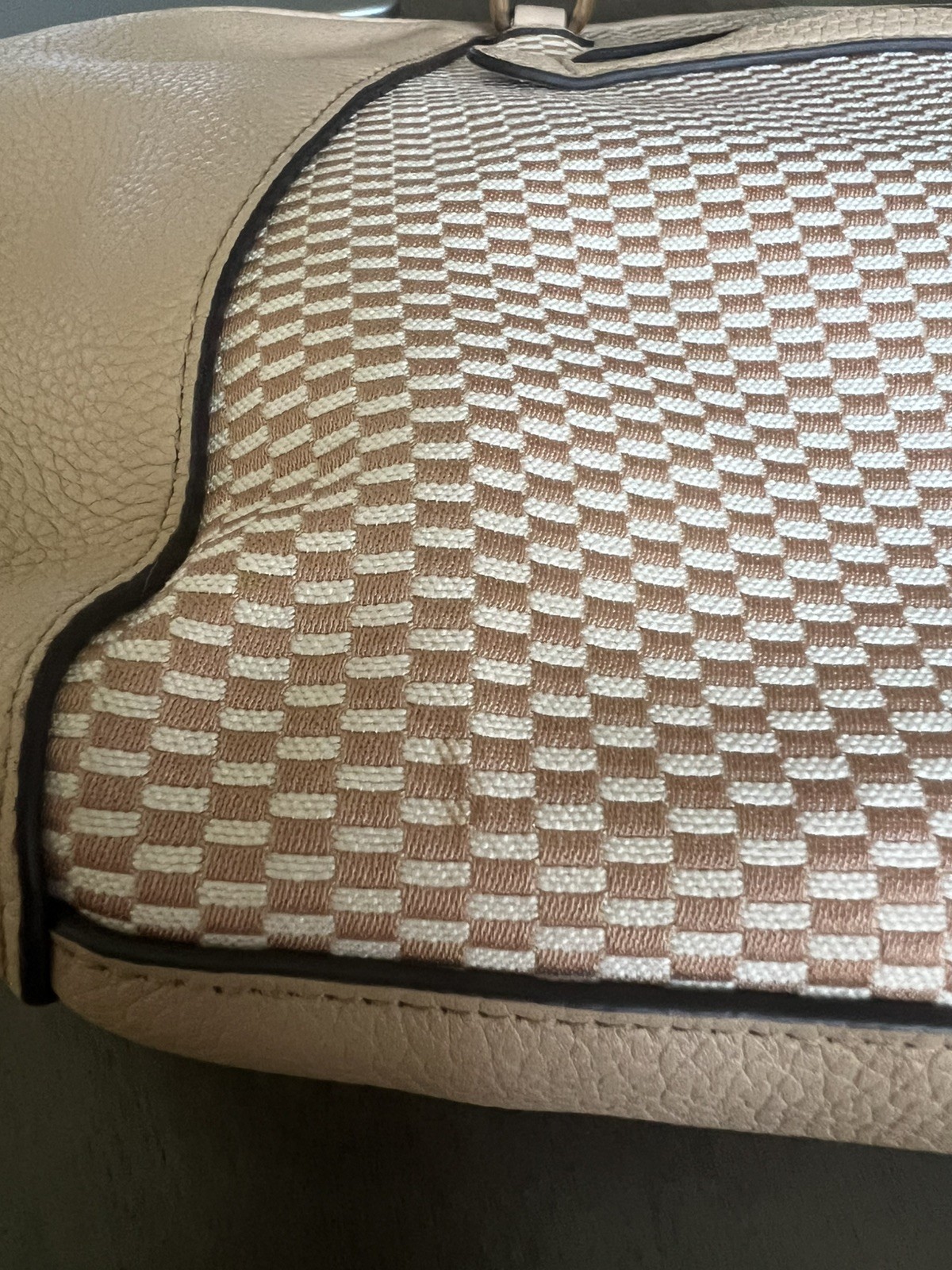 COACH Pairie Satchel in Pebble Leather and Checkerboad Fabric Neautral