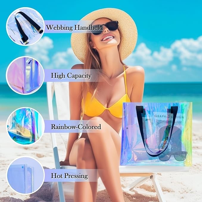 Holographic Clear Tote Bag – Iridescent Beach Bag with Handles – 13″X3.9″X11.8″