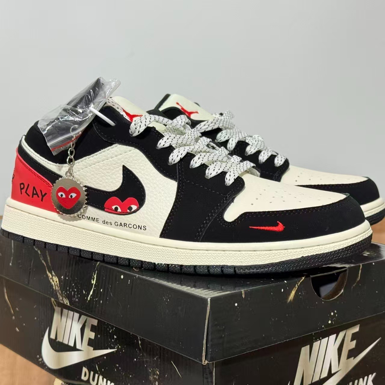 Nike Custom CDG Play Air Jordan 1 Low Black White Red Heart Men Women Sneakers