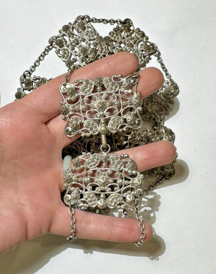 Antique Victorian Floral Etched Repousse Chantelaine Silver t Buckle 30.5″ Belt