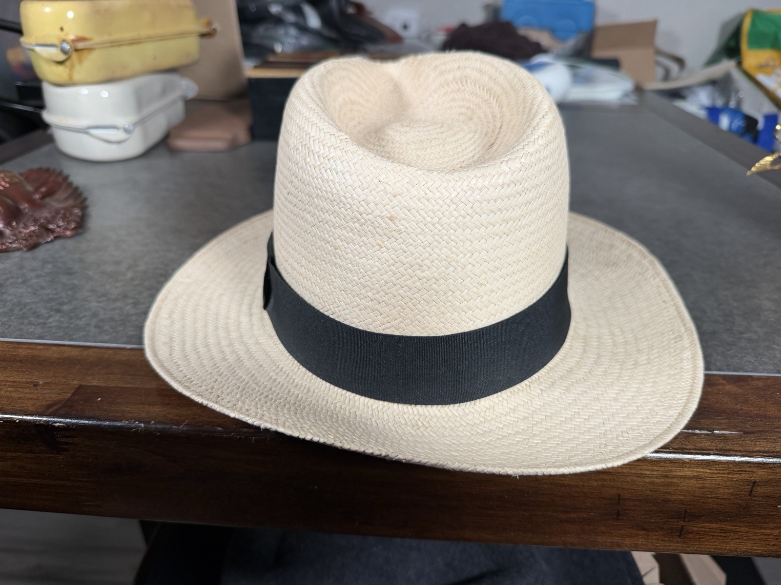 Hand Woven Ecuador Panama Straw Fedora Hat Natural Toquilla Palm Black Band