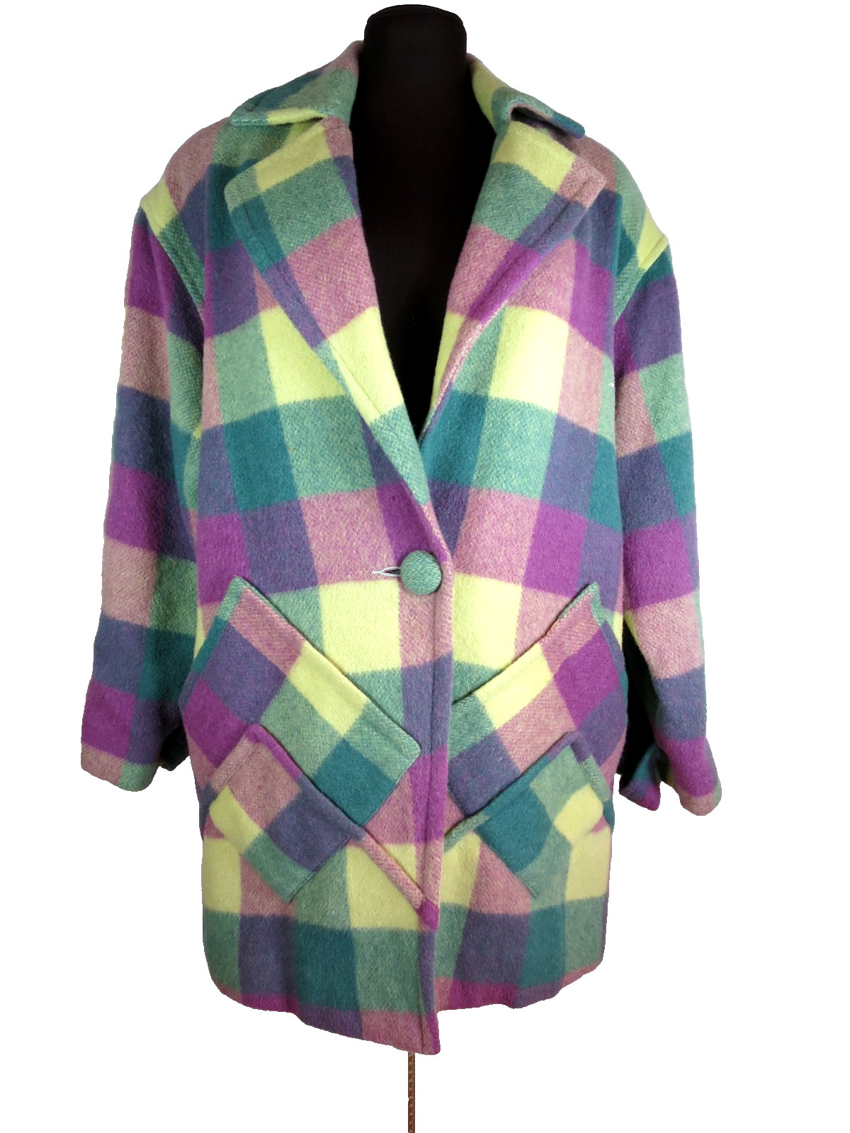 Vintage Poma Acrylic Blend Plaid Pink Green Yellow Pastel 3/4 Jacket M