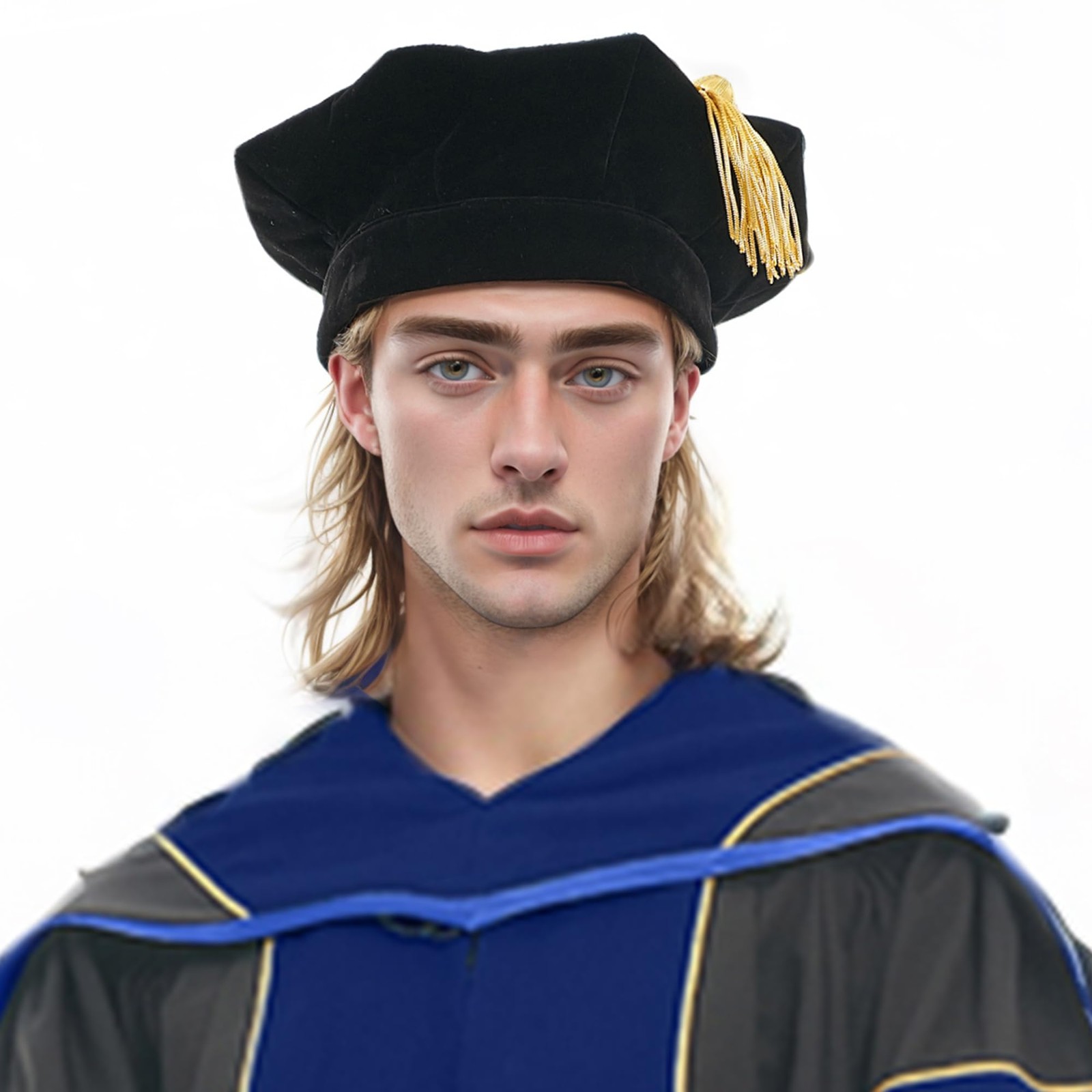Graduation Doctoral Tam Velvet 8 Sided Unisex Graduation Cap Hat with Gold Bu…