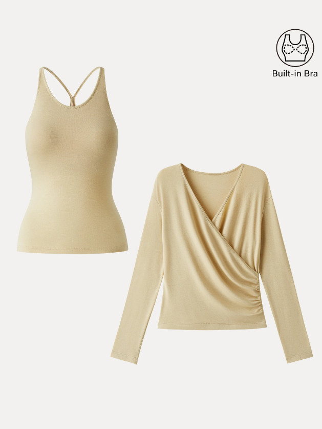 OGL Summer Two Piece Cami Surplice Ruched Top Set Women New