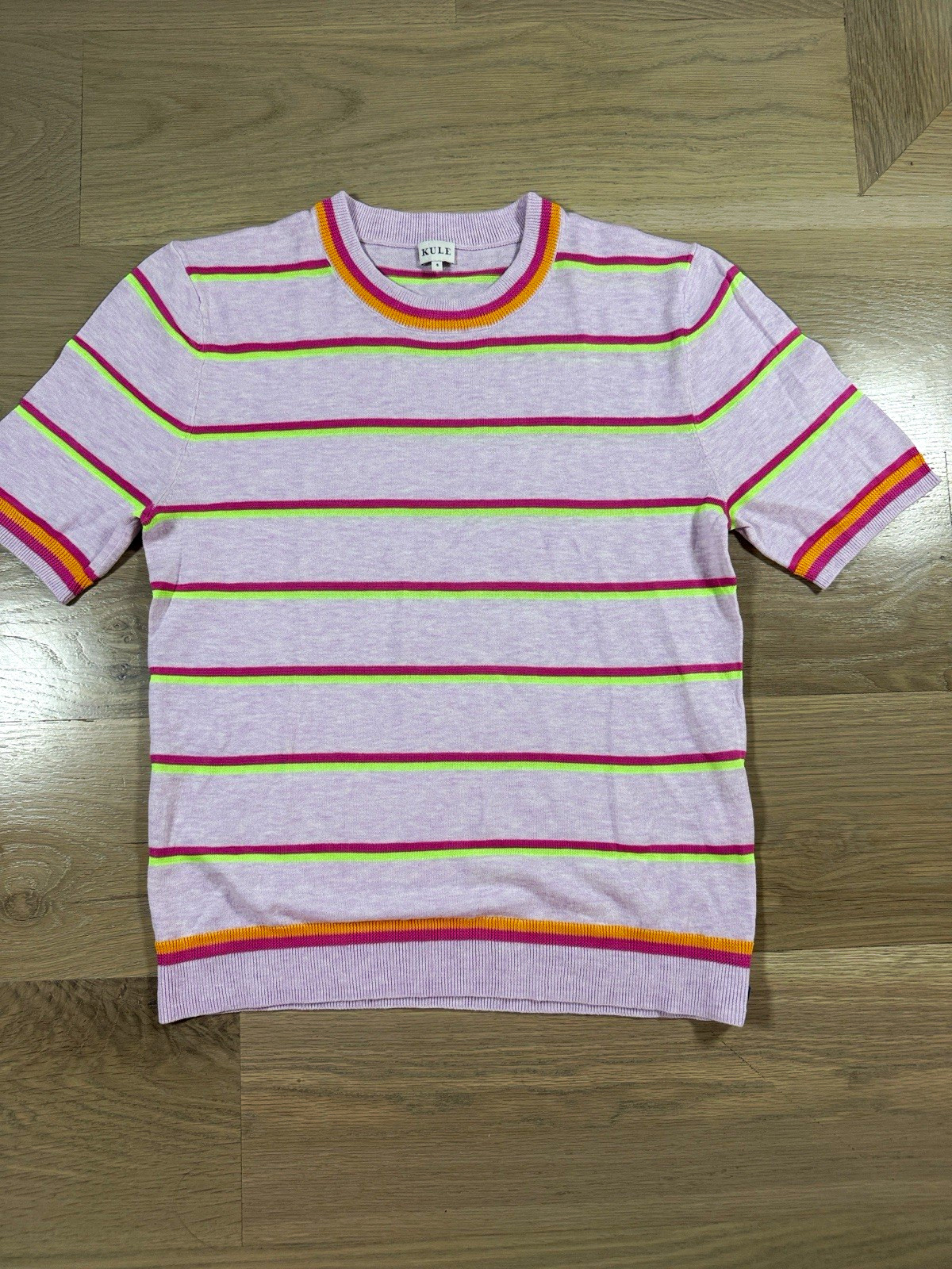 KULE Women’s Pink Striped Knit Crew Neck Short Sleeve Pullover Sweater S