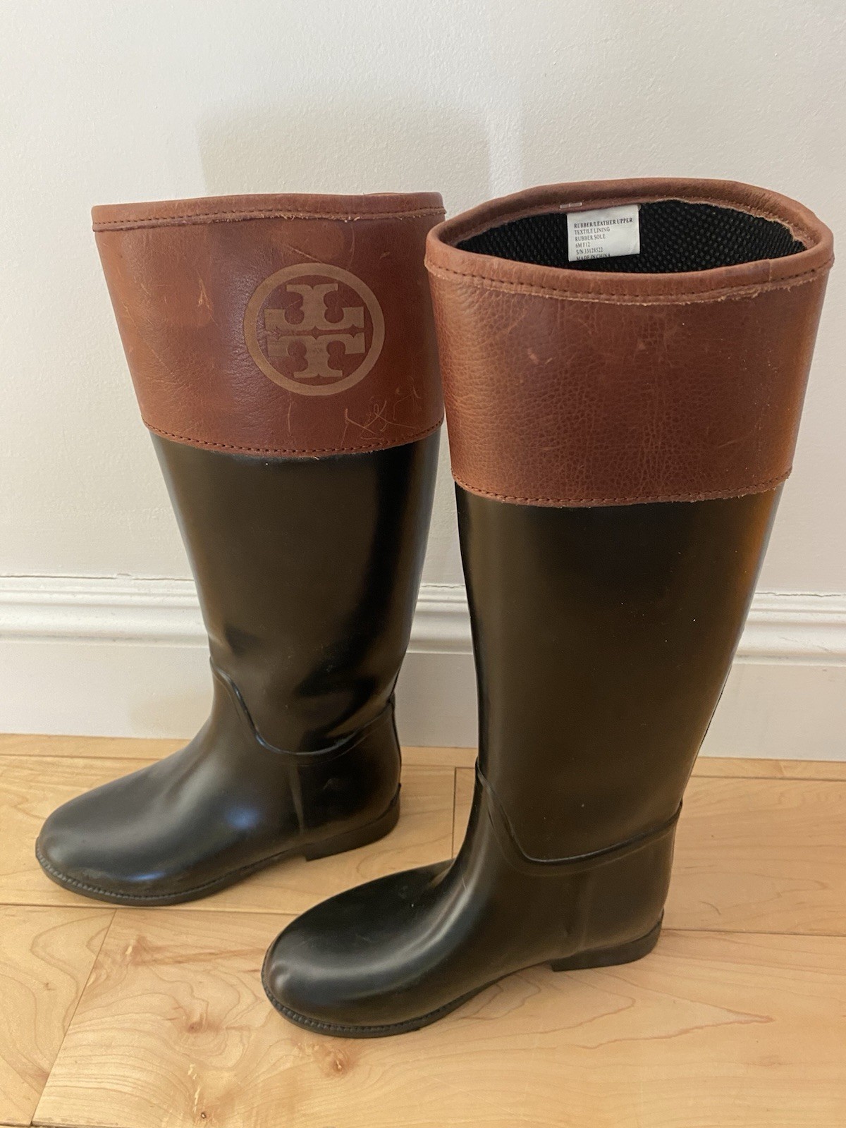 Tory Burch Diana Riding Rubber/Leather Tall Rain Boots, Size 6