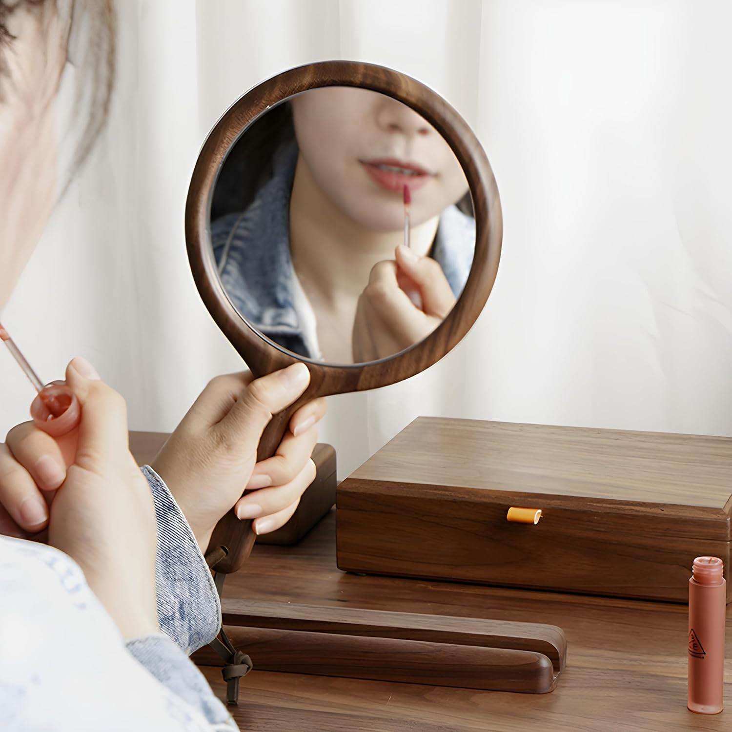 Handheld Mirror with Base, Wood Barber Hairdressing Handheld Mirror, Makeup Hand