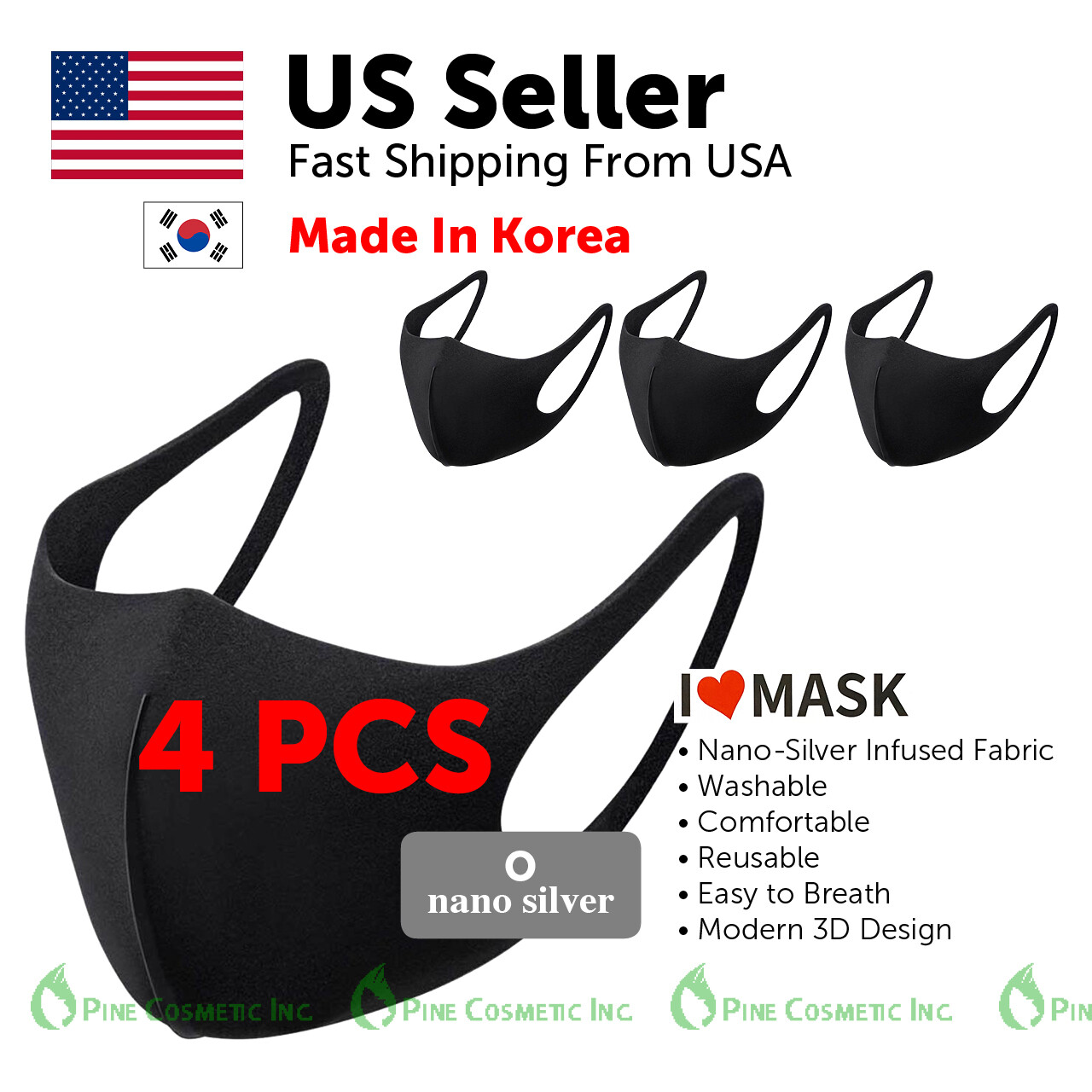 4 PCS Black Face Fashion Nano-Silver Mask Washable Reusable Unisex Adult