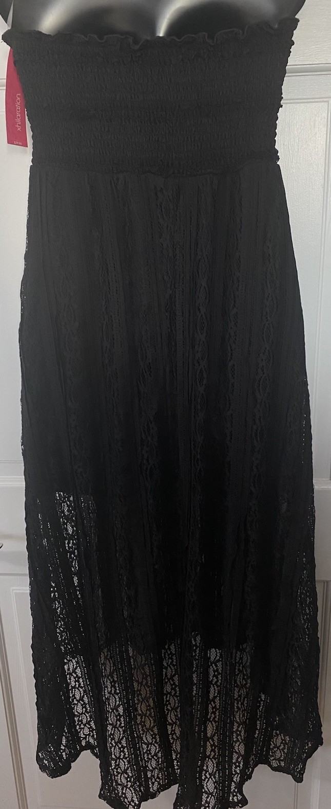 NWT Xhilaration Black Lace Strapless Maxi Dress Size S Smocked High Low Boho