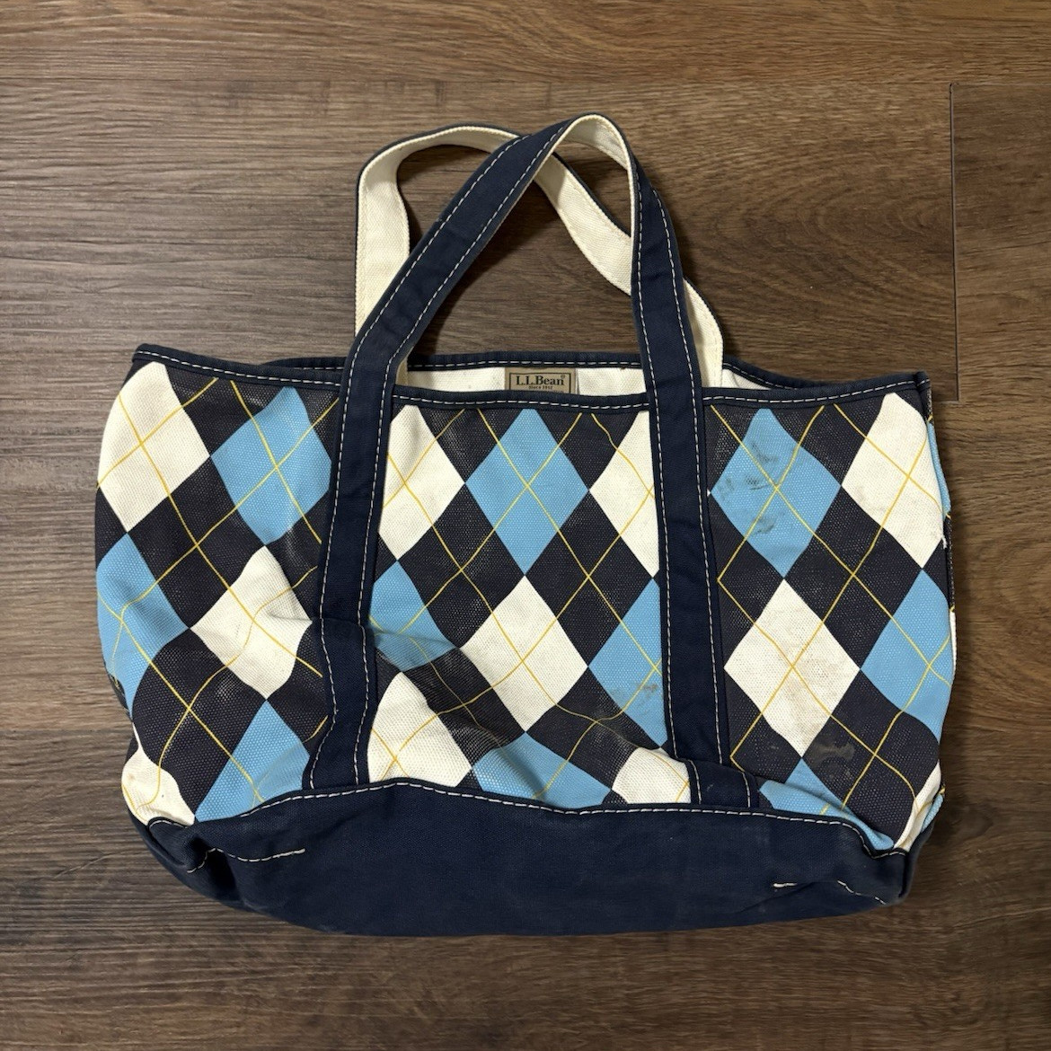 L.L.Bean Argyle Tote Bag Blue/White/Navy Double Handles with Inner Pockets